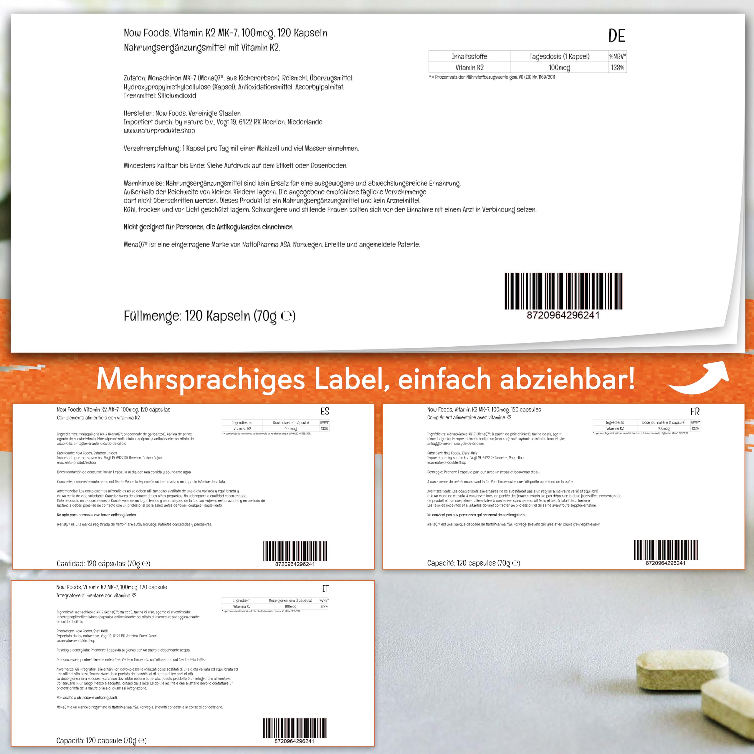 Now Foods, Vitamin K2 MK-7, 100mcg, 120 vegane Kapseln, Laborgeprüft, Glutenfrei, Sojafrei, Ohne Gentechnik