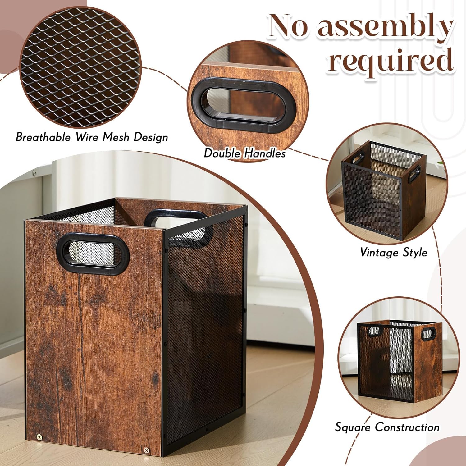 4.5 Gallon Retro Office Trash Can, Iron and Wood Combination Bedroom Garbage Can and Retro Tissue Box Set Rectangular Design Wastebasket with Handle, Industrial Style Trash Basket for Home Office
