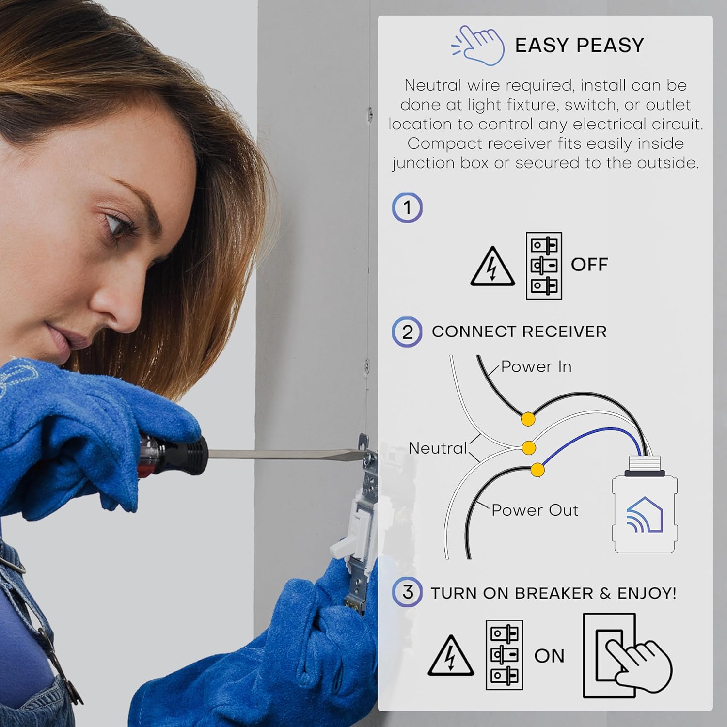 RunLessWire 5 Amp On/Off Receiver Add-On RF Relay Compatible with Self-Powered Kinetic Wireless Light Switches to Control Electrical Circuit Remotely Easy DIY Install 100-240VAC, Indoor Use