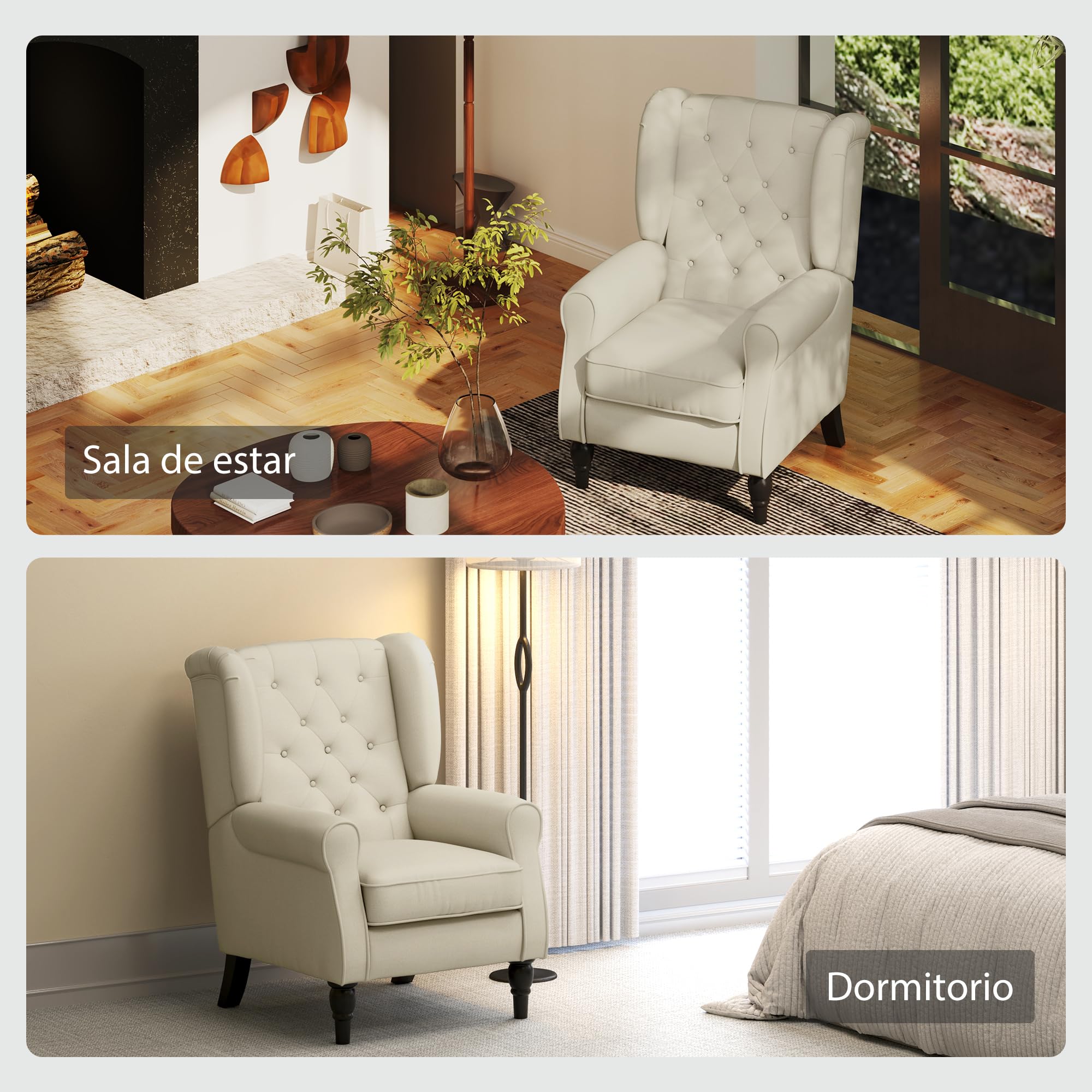HOMCOM Sillón Orejero Moderno, Butaca de Salón con Reposabrazos y Patas de Madera, Sofá Individual Carga 160 kg para Oficina, Sala de Estar y Dormitorio, Crema
