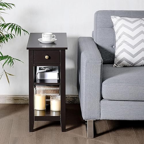 Miniatura 8 de GOFLAME Mesa auxiliar estrecha, mesa auxiliar delgada con cajón y 2 estantes de almacenamiento abiertos, mesita de noche pequeña para espacios