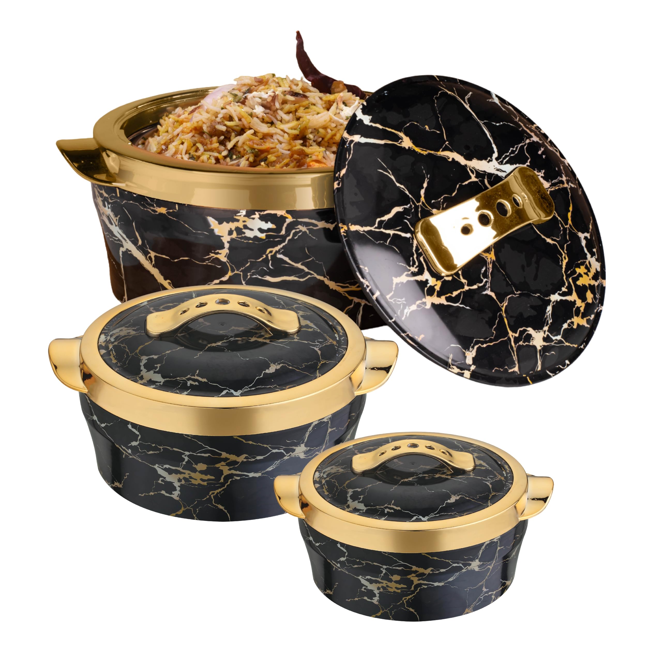 Selvel Set of 3 Insulated Casseroles - Italian Marble Print Gold Handles - BPA Free, Double Walled Stainless Steel Ideal for Roti, Chapati, and More! Black (B0CZRCHTQH) Amazon Price History, Amazon Price Tracker