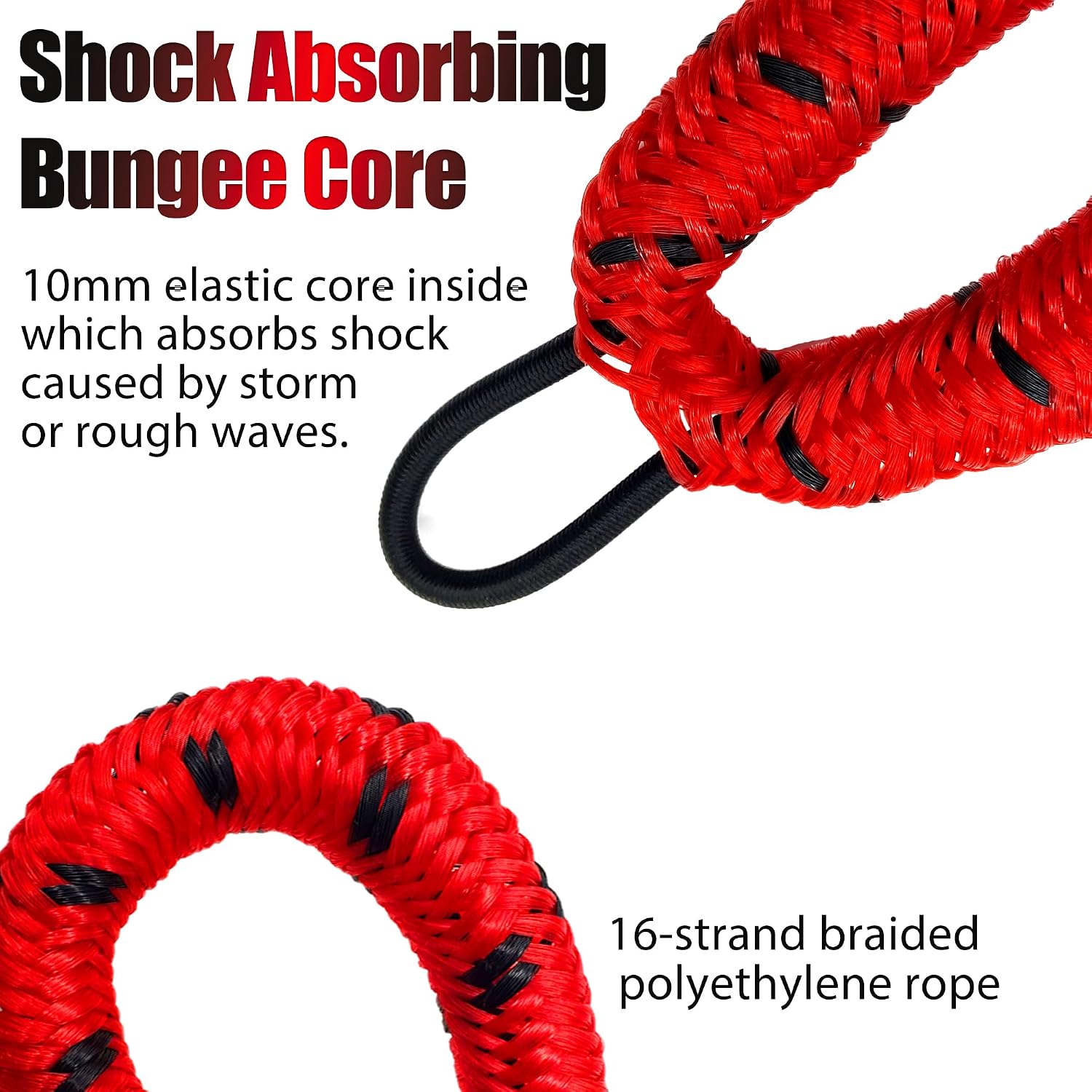 Boat Docking Lines with Clip- 2ft Shock Absorbing Boating Mooring Ropes for Secure Tie-Up, Marine Boat Accessories, for Kayak, Pontoon Boats, Dinghy & Small Watercraft, 2 Pack (Red&Black)