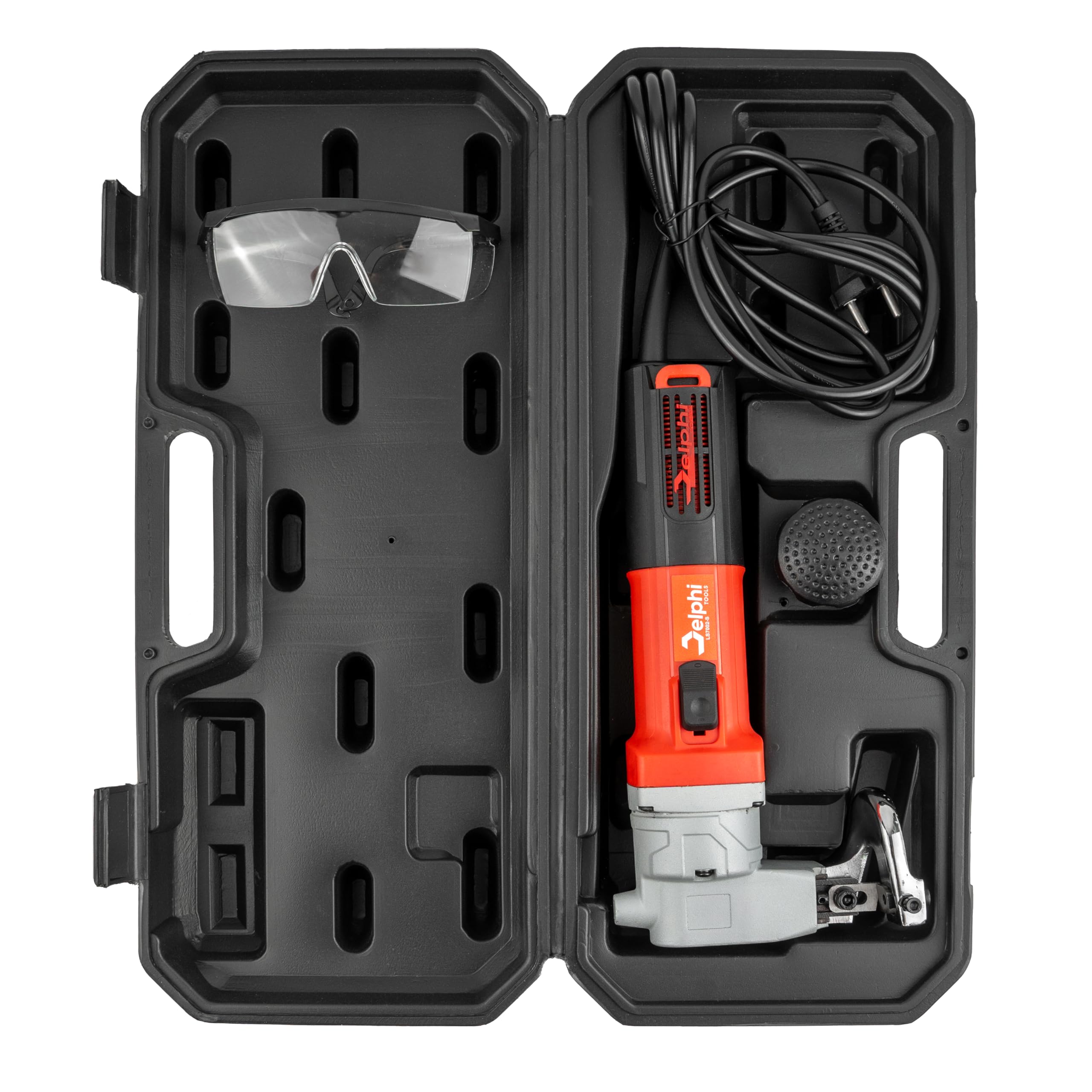DELPHI Forbici elettriche per lamiera, 850 W, 220 V, qualità industriale, in acciaio inox, taglierina per metallo, taglio fino a 2,5 mm, piastra in acciaio da costruzione 2200 rpm