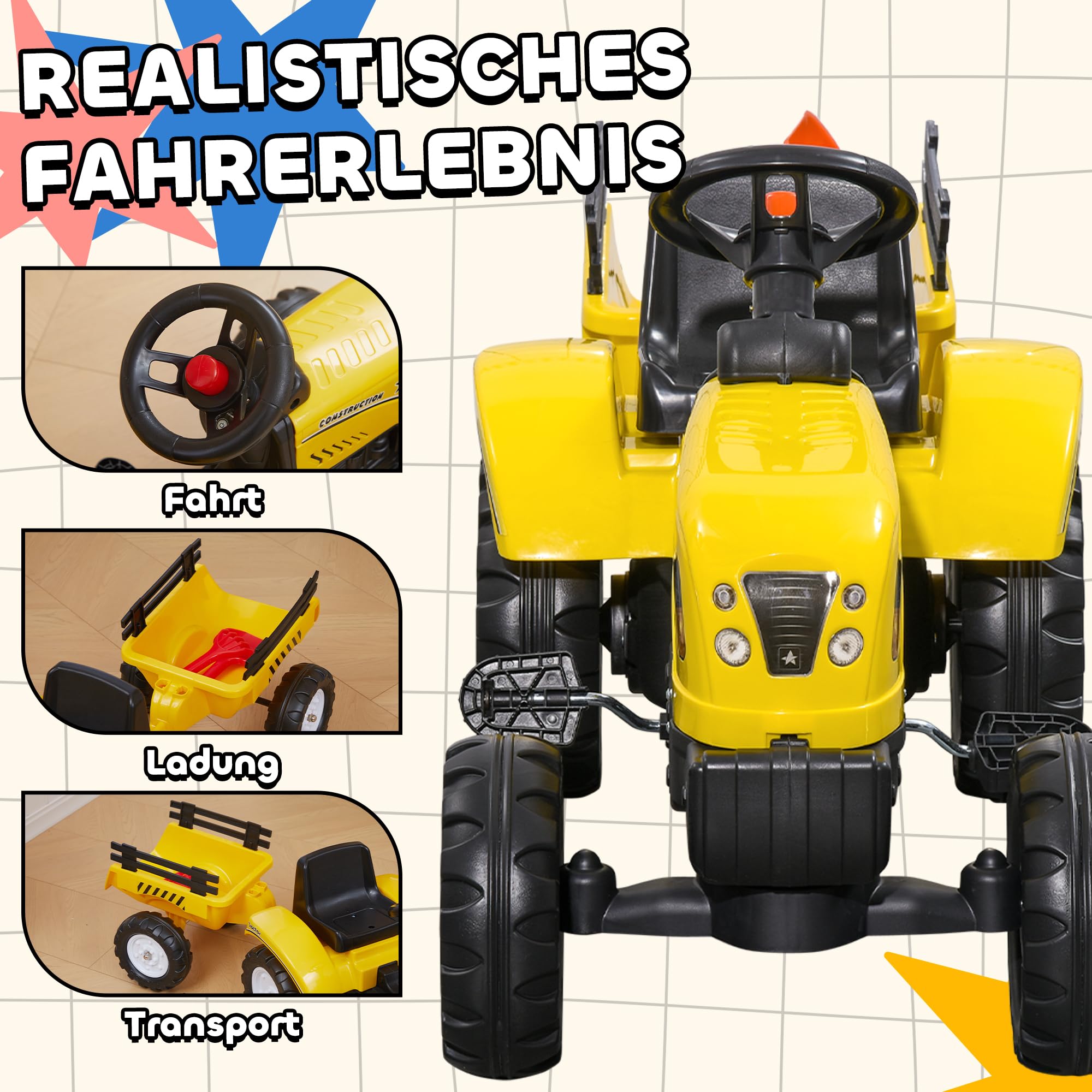 HOMCOM Traktor pedałowy z przyczepą, traktor pedałowy, dla dzieci od 3 lat, do użytku na zewnątrz, do ogrodu, metalowy, żółty, 133 x 42 x 51 cm