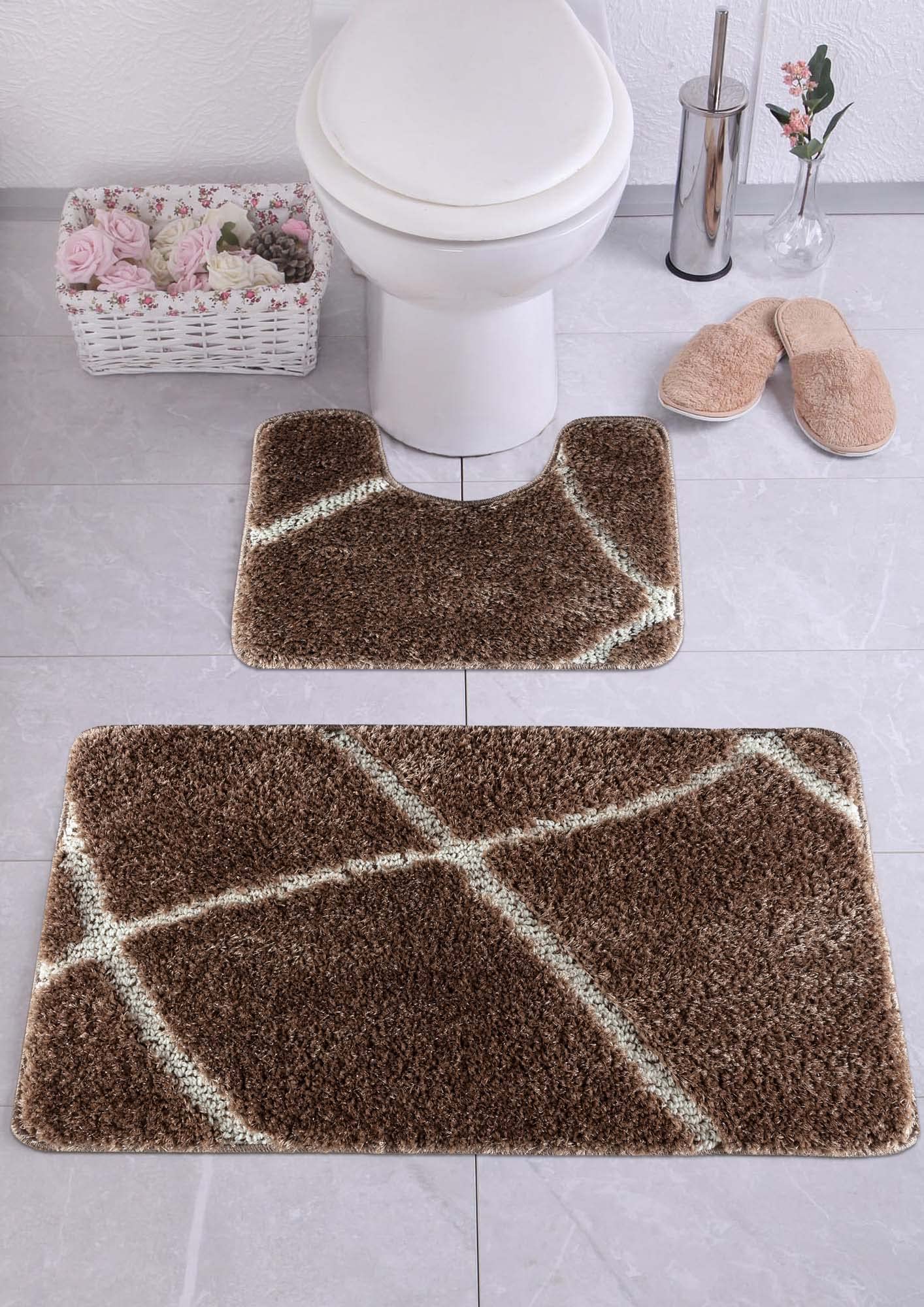 LARGE Luxurious Shaggy Glitter Bath Mats Non-Slip Machine Washable 2 Piece Set Toilet Rug, Astec