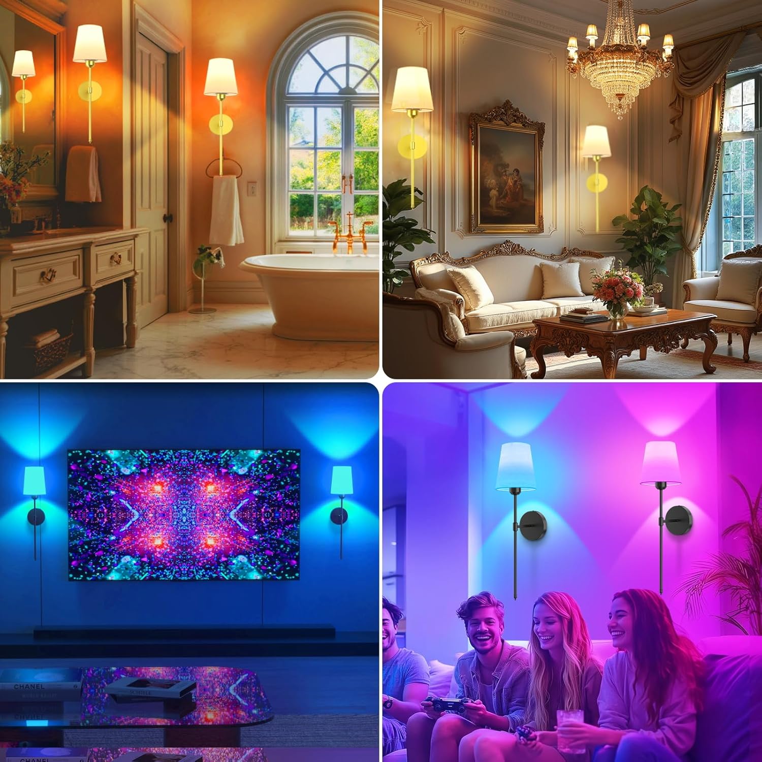 Battery Operated Wall Sconce Set of 2 - Rechargeable Wireless Wall Lights with Remote, 6000mAh Dimmable Bulbs with 15 Colors, Wall Decor for Living Room, Bedroom, and Hallway (Gold)