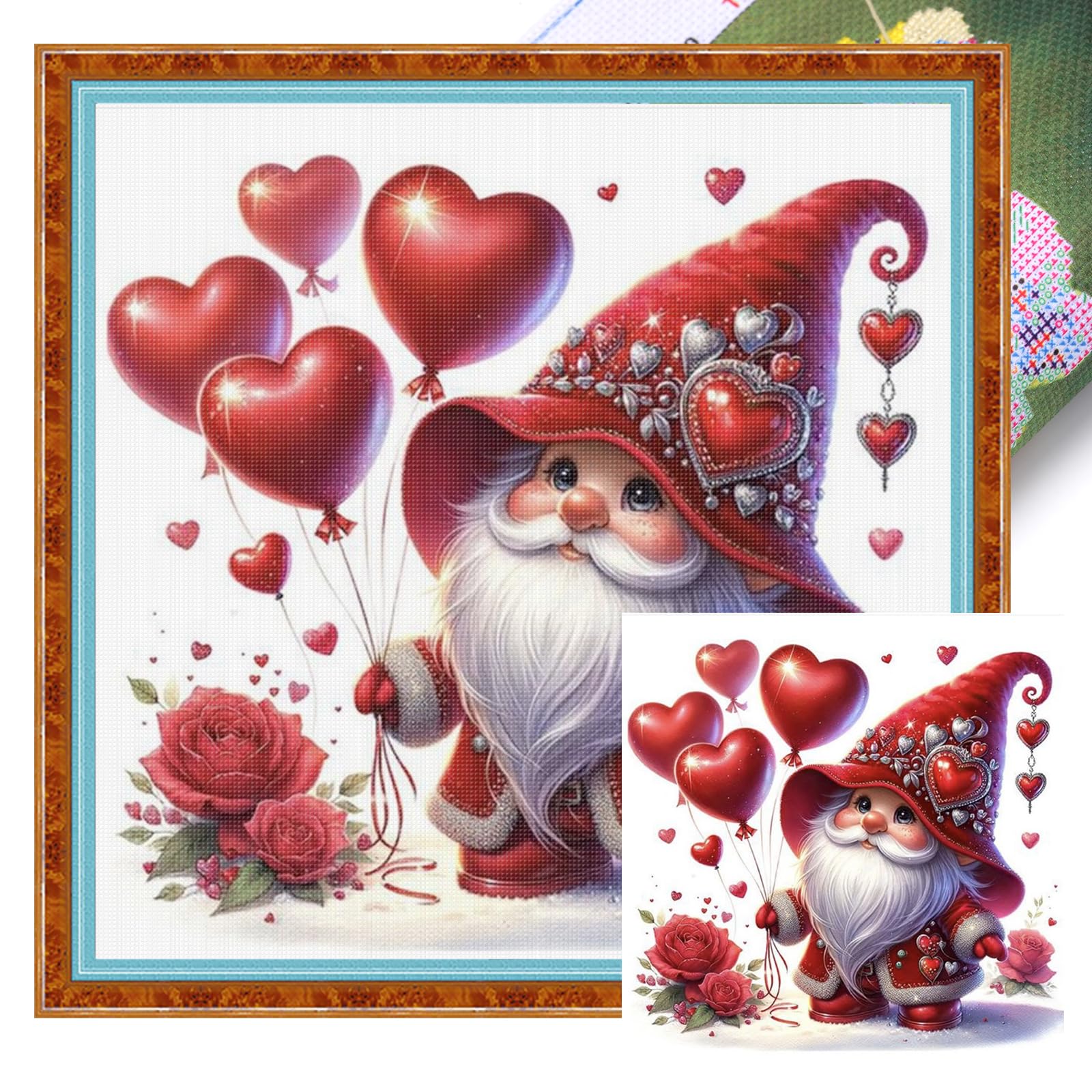 Valentines Day Gnome Counted Cross Stitch Kit 18CT Aida 20x20cm, Love Heart Gnome Full Coverage Embroidery Kit for Adults Beginners, Small Pre-Printed Needlepoint Romantic Home Decor Gift