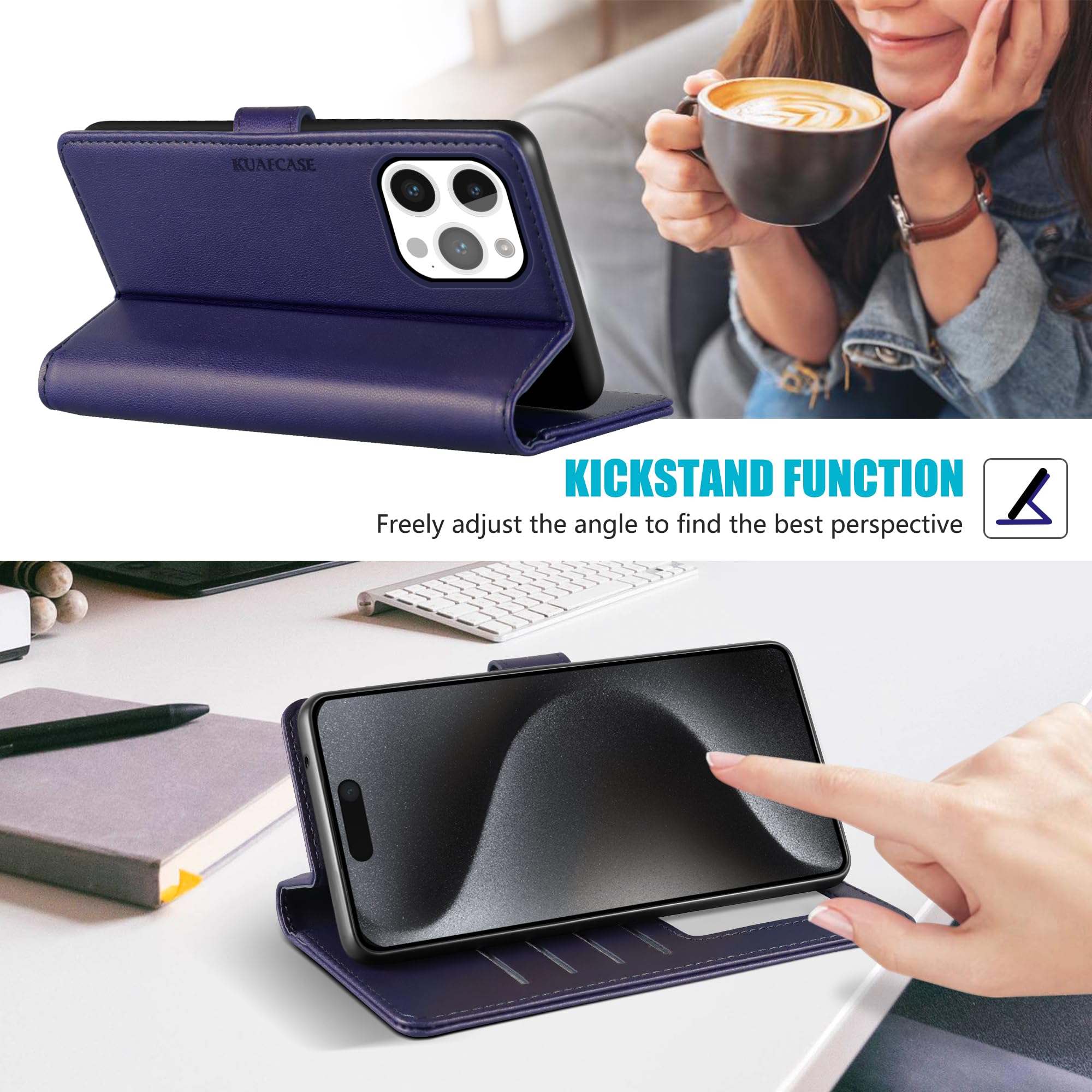 Kuafcase Compatible for iPhone 15 Pro Max Case with 4 Card Slots Magnetic Closure Kickstand Shockproof Protective Phone Case Compatible for iPhone 15 Pro Max - Image 4