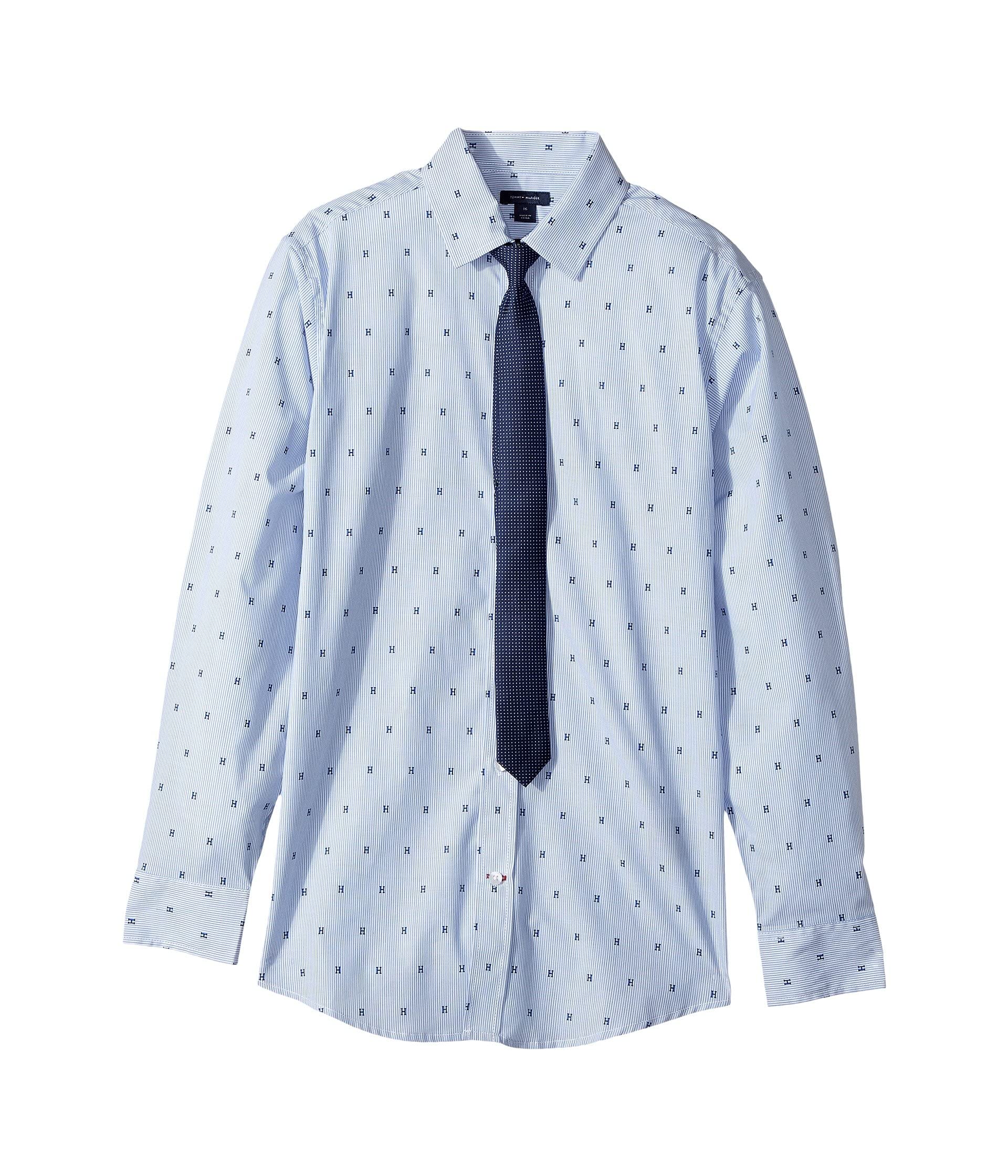 Tommy Hilfiger Boys Long Sleeve Dress Shirt with Straight Tie, Collared Button-Down with Cuff Sleeves