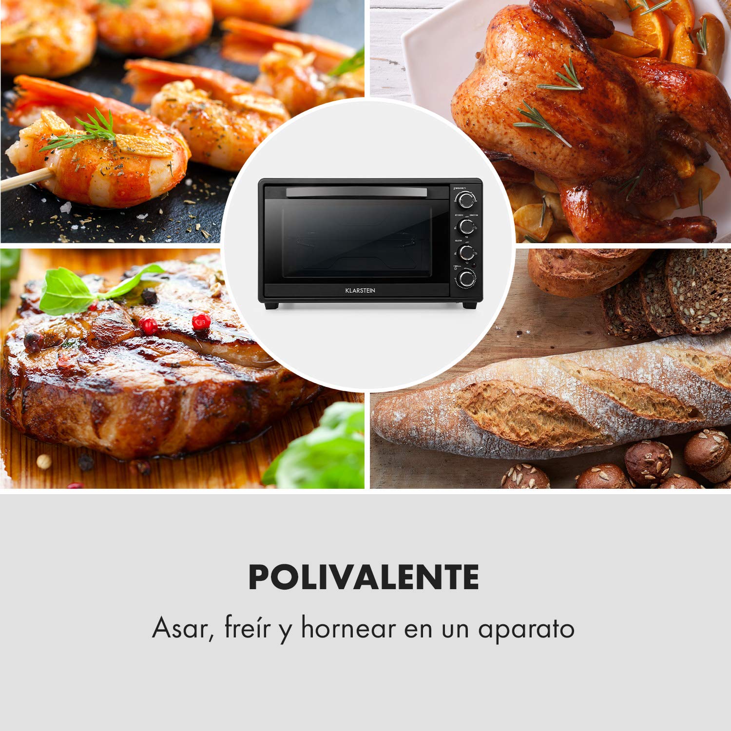 KLARSTEIN Masterchef 60 Mini Horno Electrico de sobremesa 60L, 2000W, 100-230°C, asador giratorio, función de circulación de aire, temporizador, puerta doble cristal, acero inoxidable, Negro