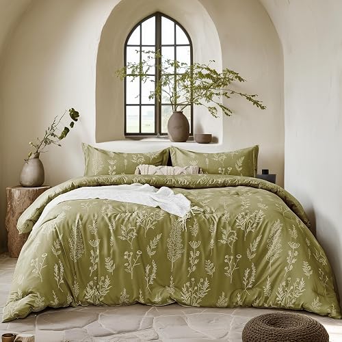 Floral Comforter Set Queen Olive Green, Cute Flower Bed in a Bag Queen Boho 7 Pieces, Soft Fluffy Bedding Sets with Comforter, Sheets, Pillowcases & Shams, All Season