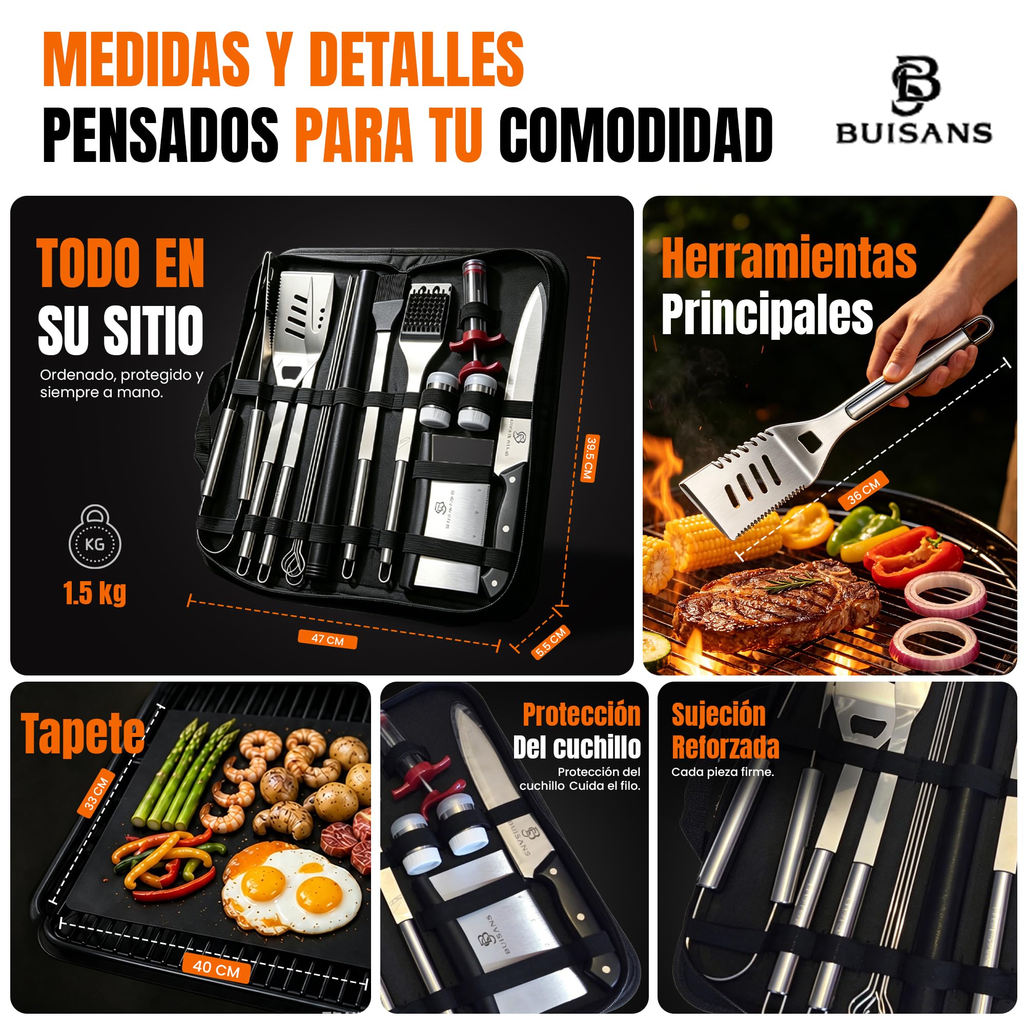 Buisans - Kit da barbecue, 15 pezzi, con custodia, utensili da barbecue in