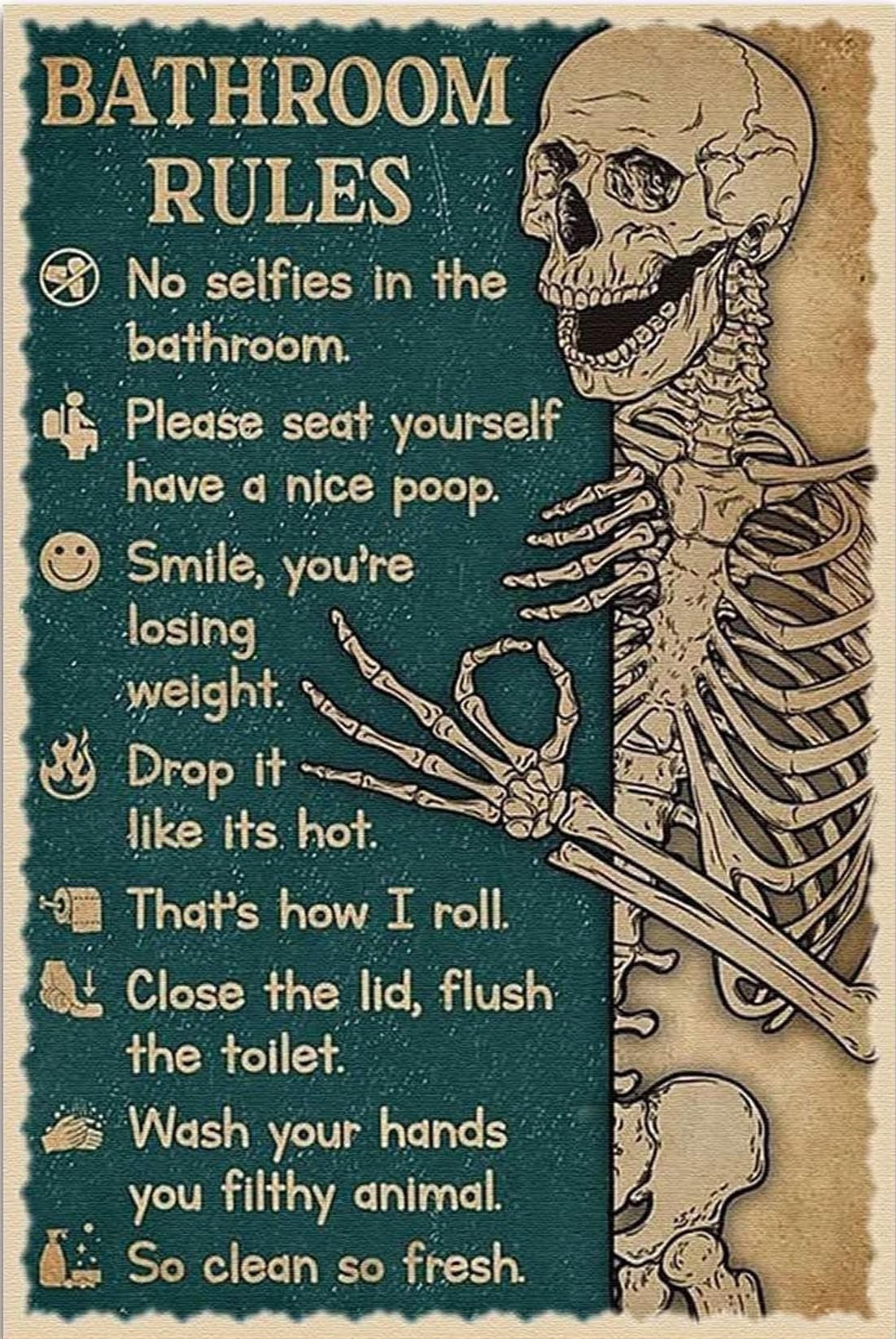 kisoyo Vintage Metal Tin Sign Bathroom Rules Skeleton Vertical Poster, Skeleton Poster Funny Country Wall Art for Home Bedroom Living Room Wall Decor 12x16 Inch