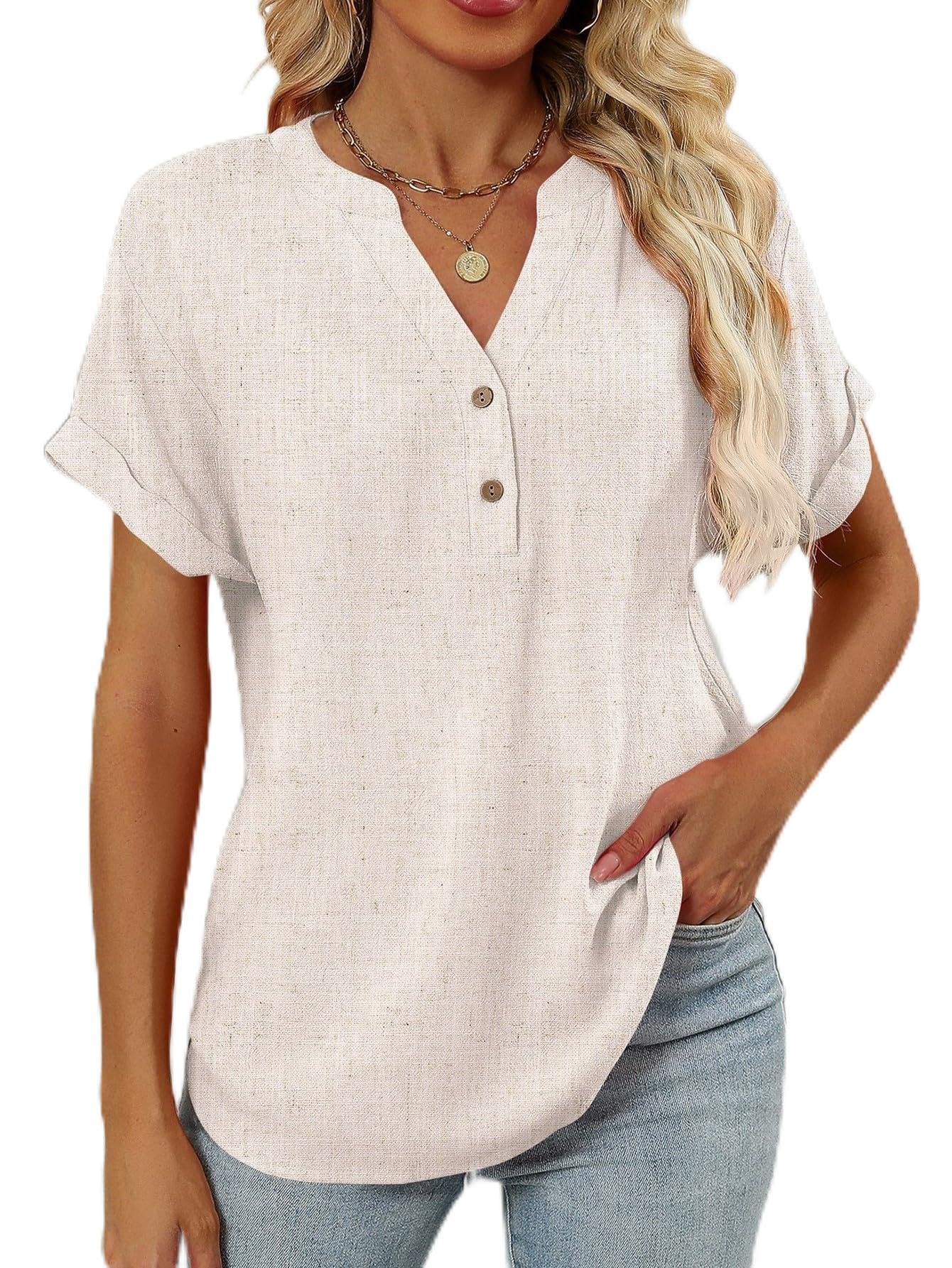 Blusa feminina de linho de verão manga curta com botão e gola V, casual, roupas soltas da moda