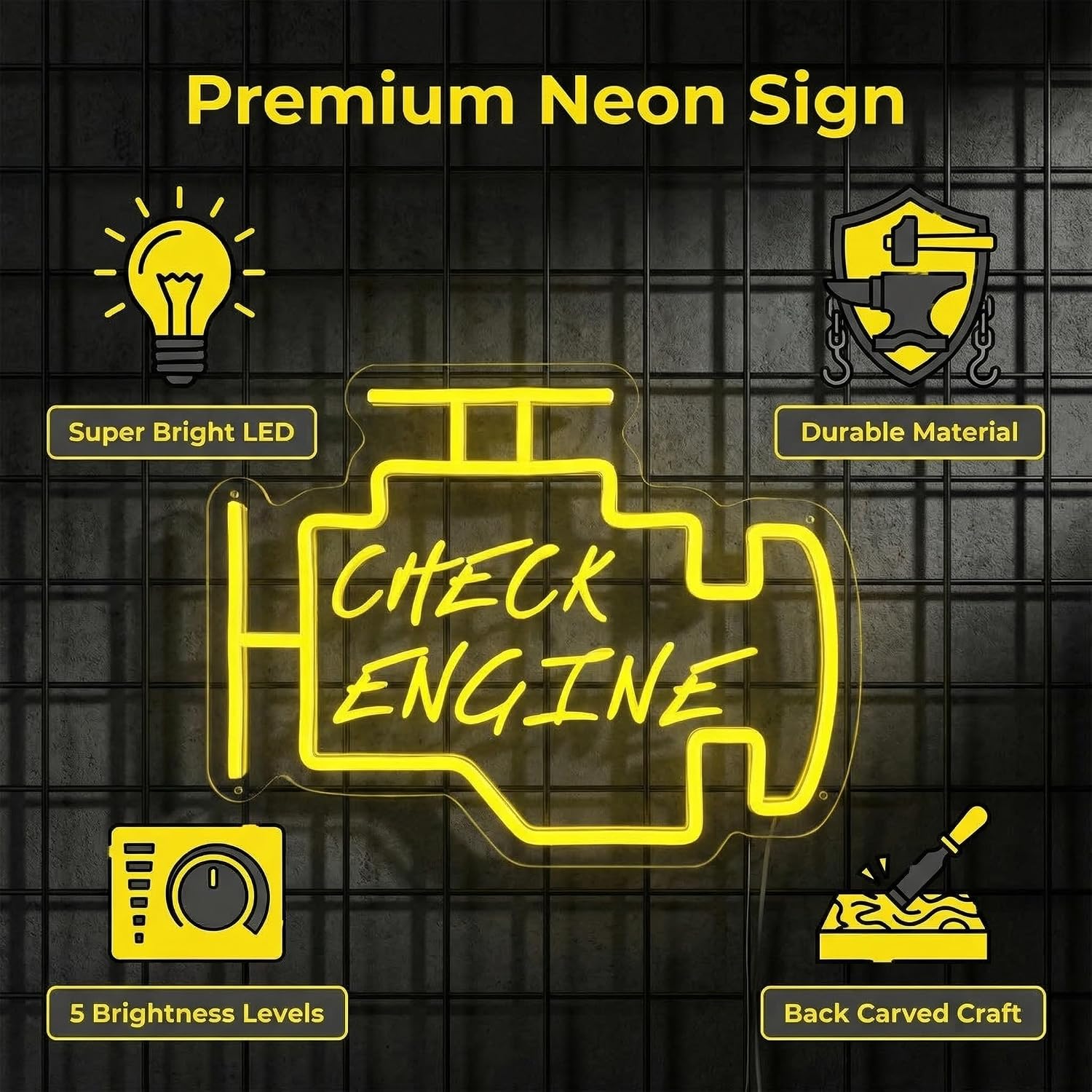 Neon Check Engine Sign - Fun Car Engine Light Design (11.7" L × 8.27" H), Decorative LED Neon Light for Garage, Automotive Shop, Bedroom & Bar, USB Powered with Adjustable Brightness, Ideal Gift for Car Enthusiasts & Modern Spaces