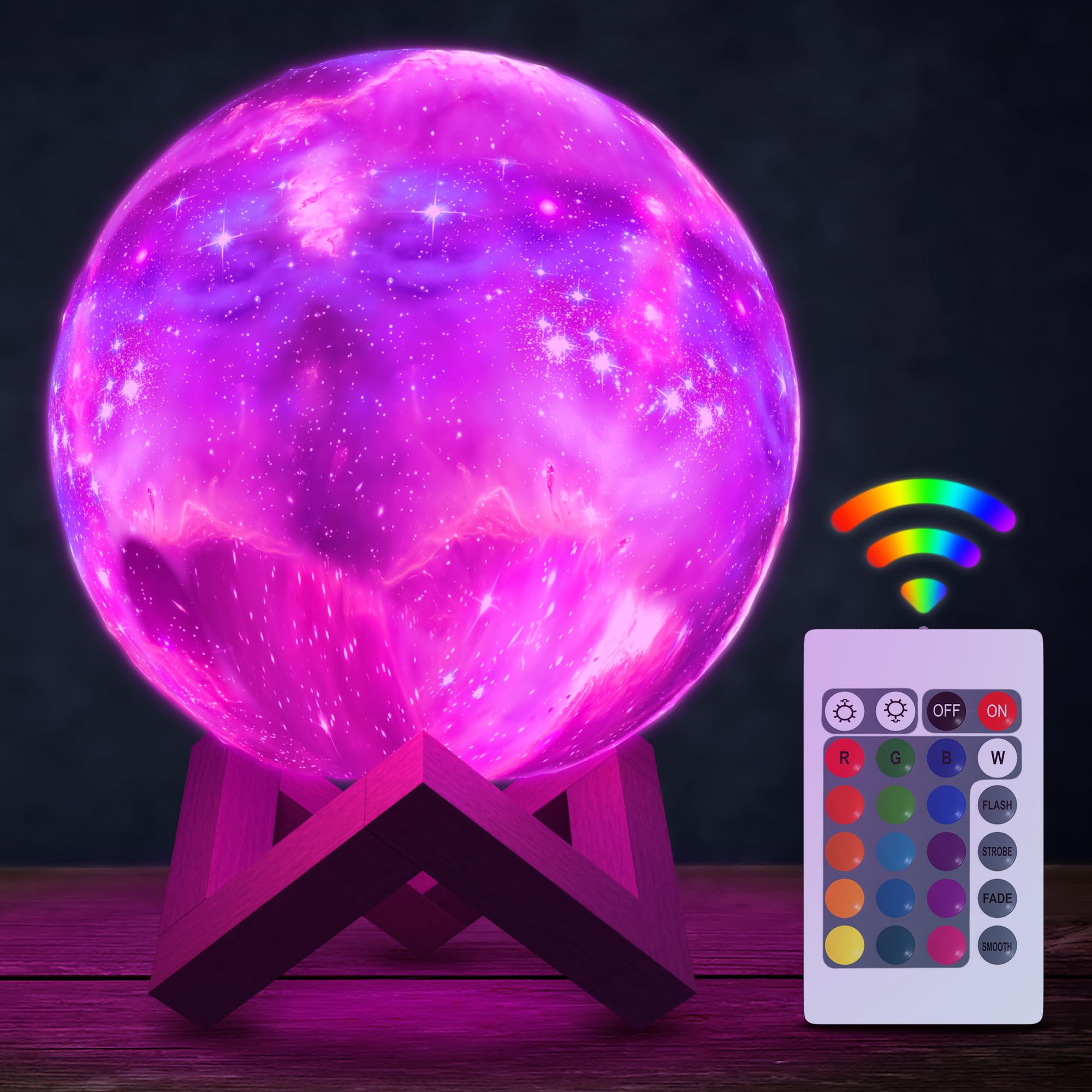 LED Galaxy Lamp 5.9" - 16 Colors, 4 Modes Mesmerizing 3D Moon Lamp with Touch & Remote Control, Wooden Stand, USB Charging - Printed Moon Night Light