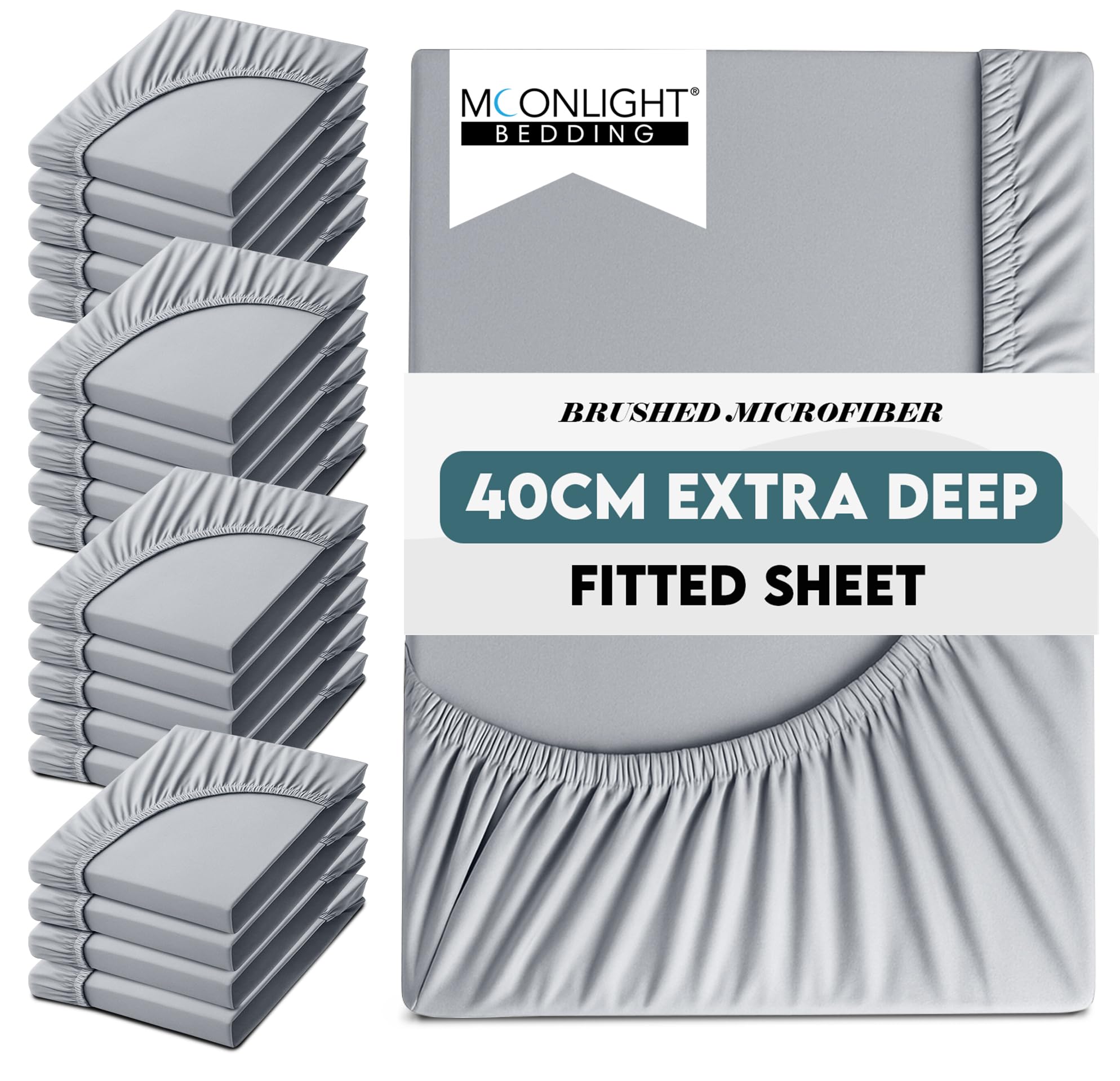 Moonlight Bedding Super King Size Fitted Sheets 20 Pack 40CM Silver Bedsheet with Elastic Corners 16 Inch Bottom Sheet Brushed Microfiber Easy Care Breathable Shrinkage Fade-Resistant — image 1