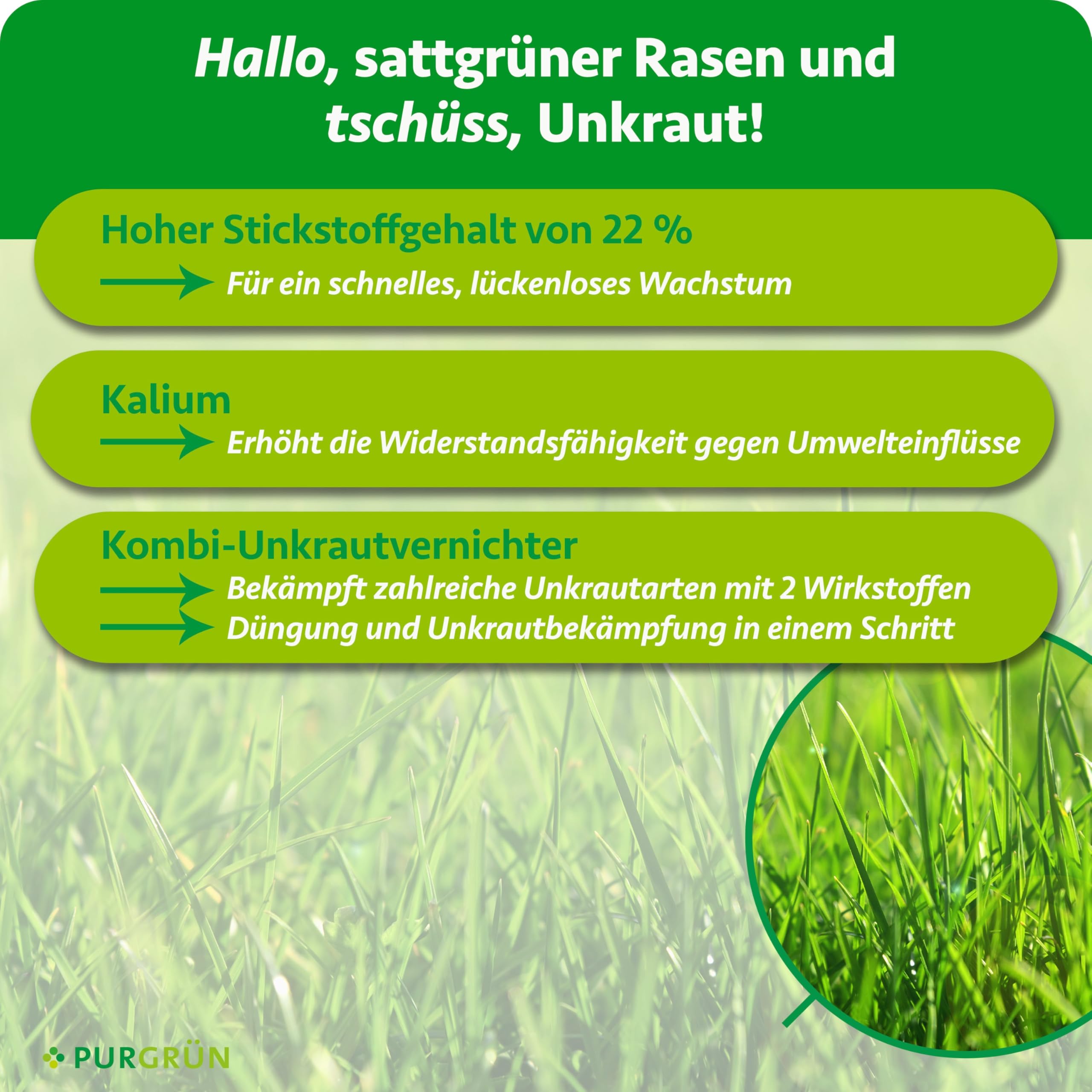 Rasendünger mit Unkrautvernichter 5 kg – Schnell wirksame mineralische Rezeptur – Kombi-Wirkstoff gegen Unkraut – NPK 22+5+5 – 100 Tage Langzeitwirkung – Profi-Qualität – Für jeden Rasen