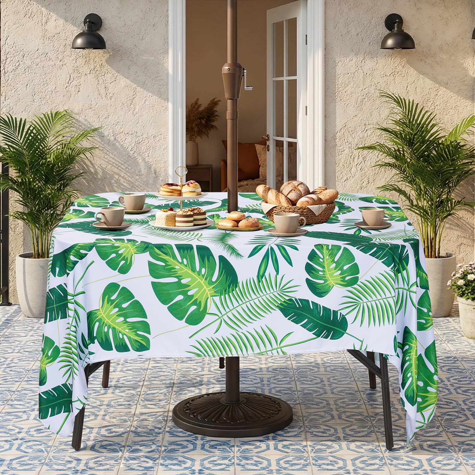 Eternal Beauty 60''X120” Rectangle Tablecloth Waterproof Outdoor Tablecloth with Umbrella Hole Zipper for Patio Spring Summer Picnic Tables, 60''X120'' (Tropical Palm Leaf)
