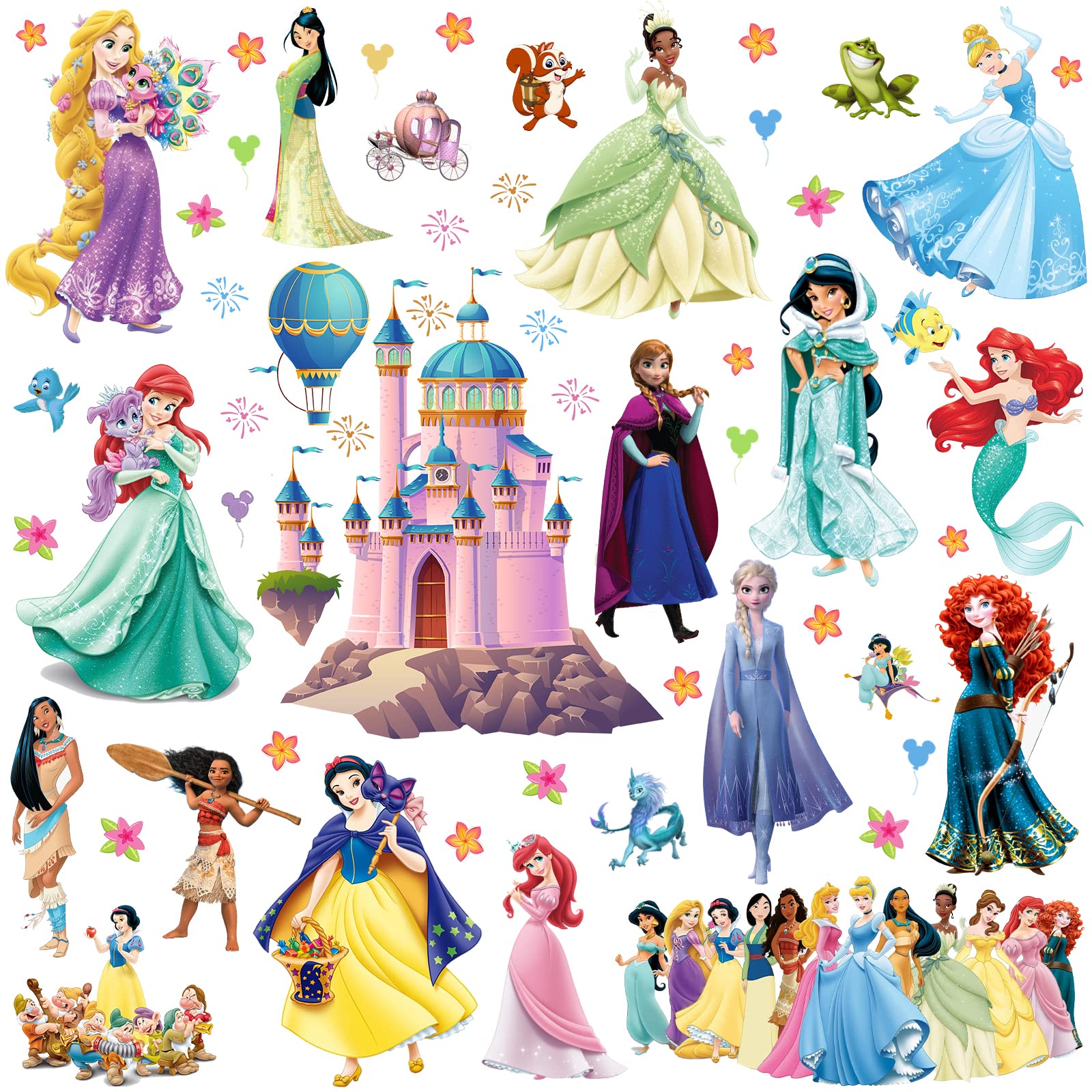 2 Sheets of Princess Wall Decals for Girl Room Decor, Large Removable Waterproof Wall Stickers for Kids Bedroom Bathroom Living Room Nursery Playroom Wall Decor