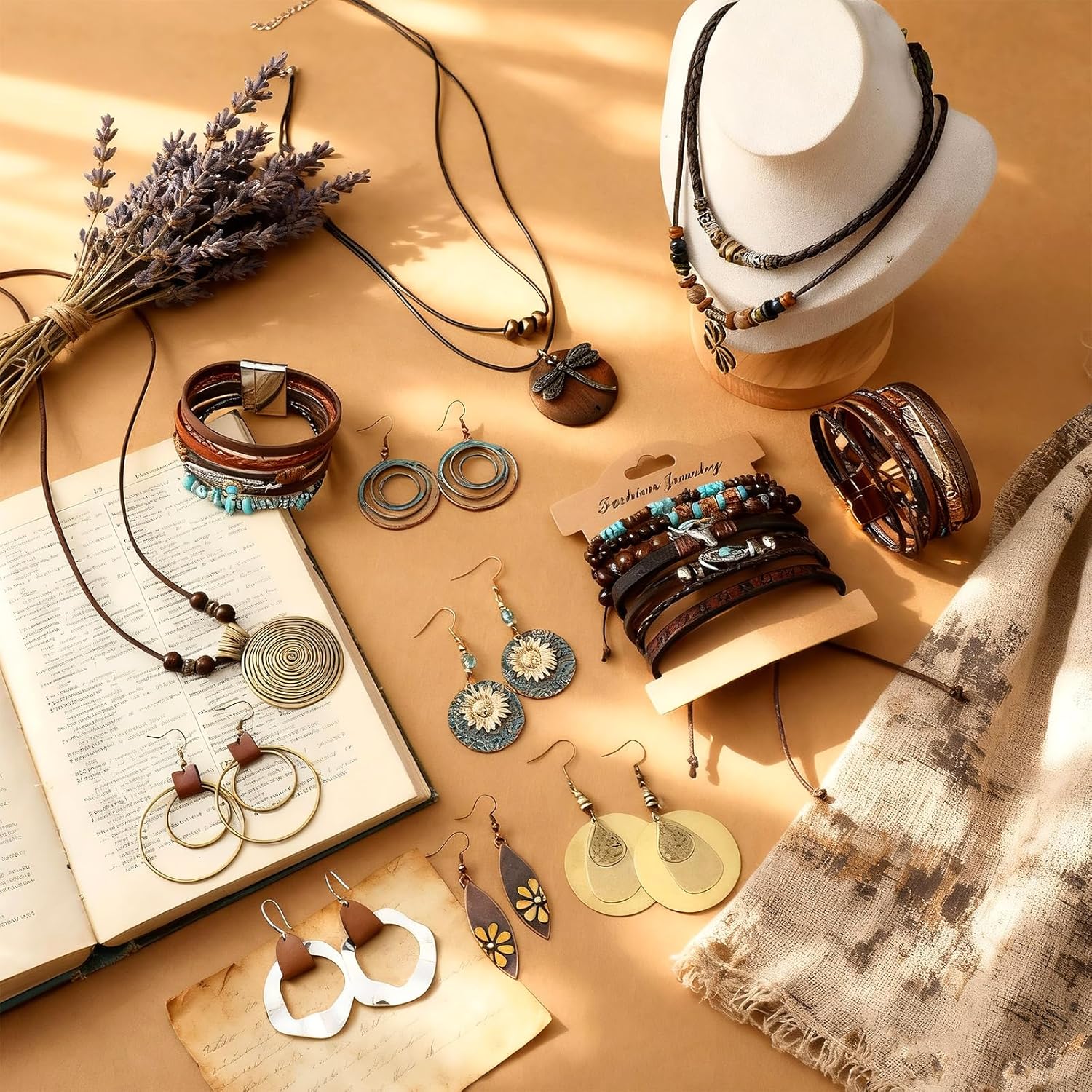 Tondiamo 12Pcs Boho Jewelry Set for Women Bohemian Western Jewelry Set with Long Pendant Necklace Dangle Earrings and Stackable Bangle Bracelets Accessories for Women Friendship Gift
