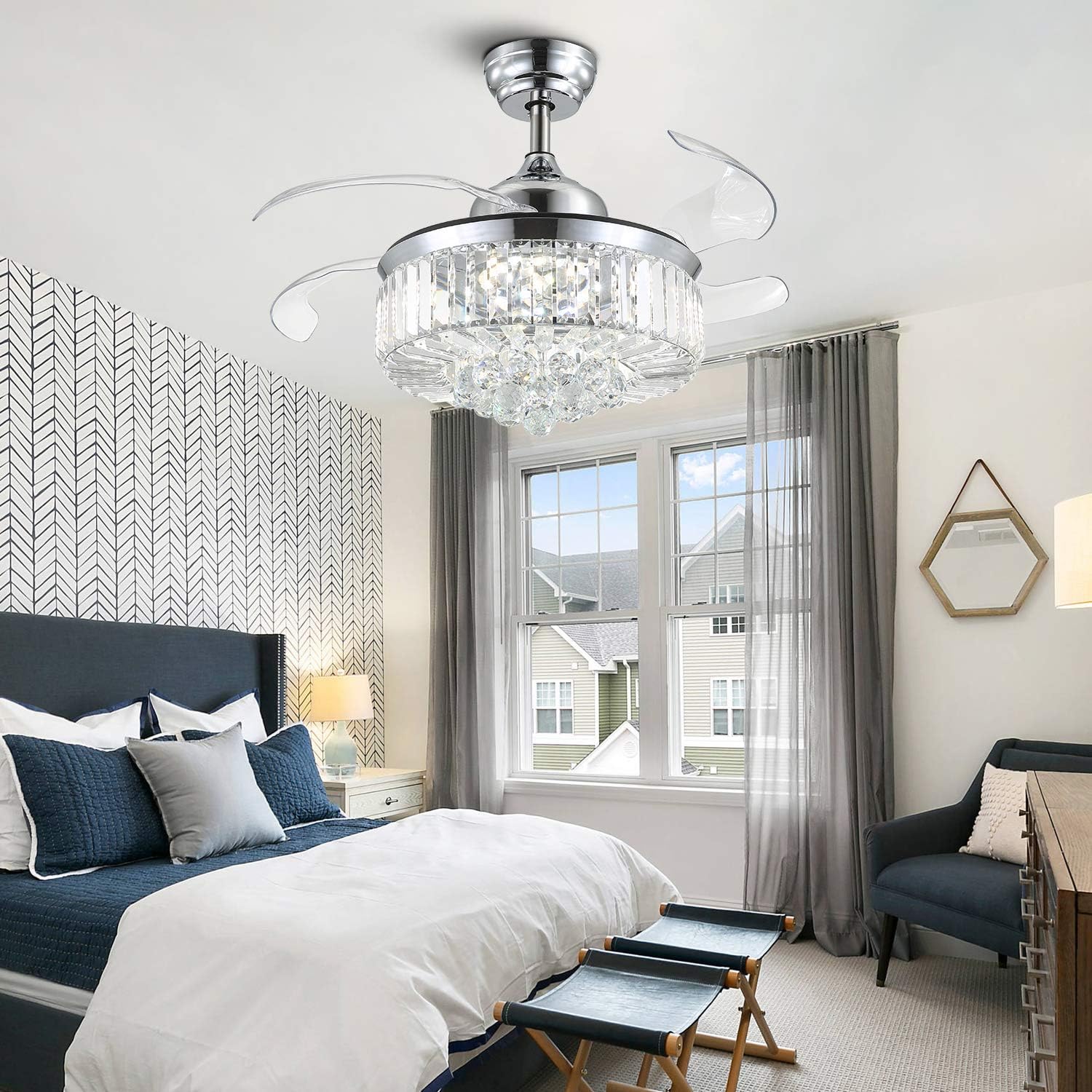 Black Friday - 80% OFF APBEAMLighting Retractable Crystal Ceiling Fan Light Modern Dimmable LED Pendant Fandelier with Remote Control Invisible Reverse Blades for Bedroom Dining Room Polished Chrome 36 Inches
