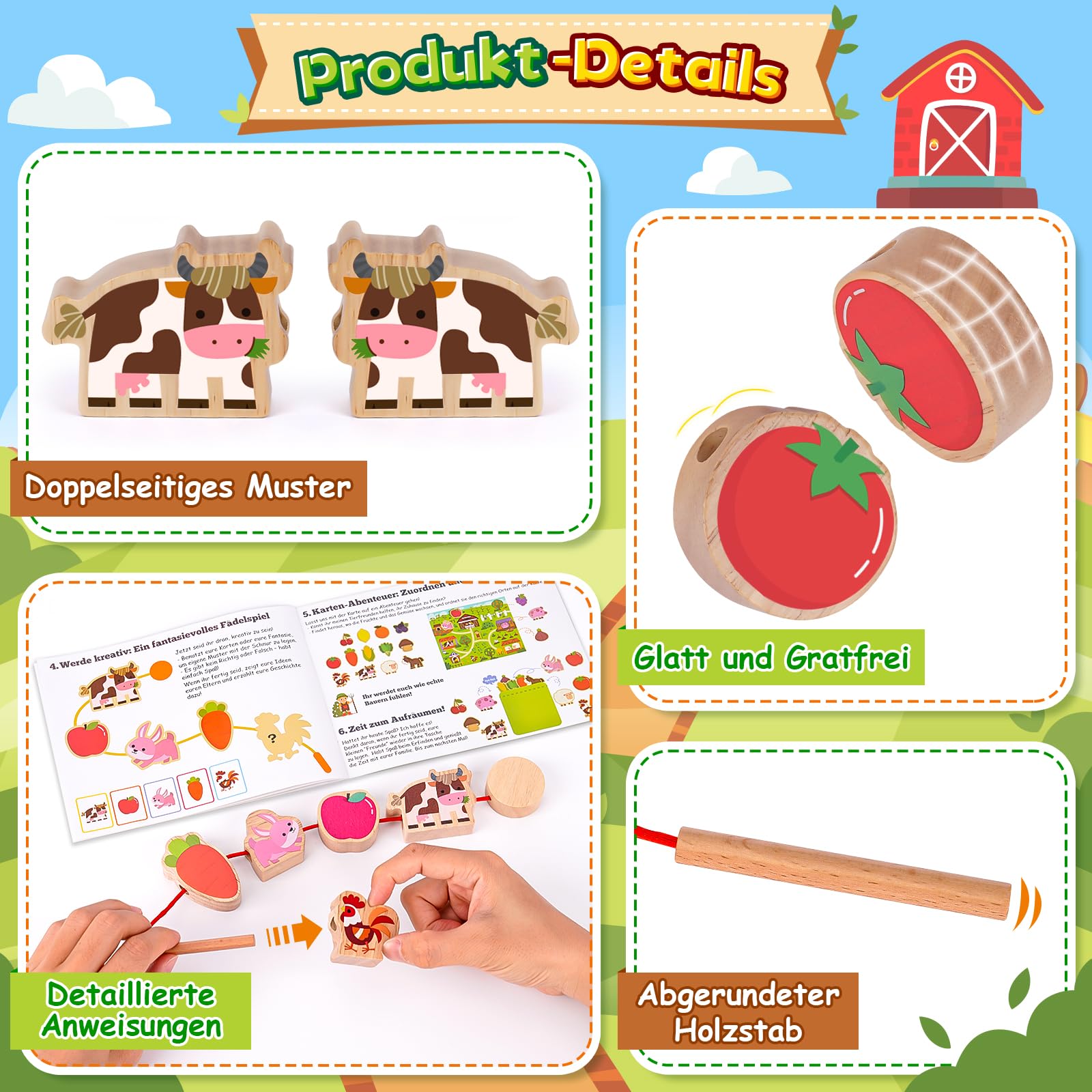 Juguetes Montessori Niños 1 2 3 Años: Regalo Niña Niño 2 3 Años cuentas de Madera Juguete Enhebrar Juegos Educativos Niños 1-3 Años Regalo de Cumpleaños Tema de la Granja con Animales Frutas Verduras