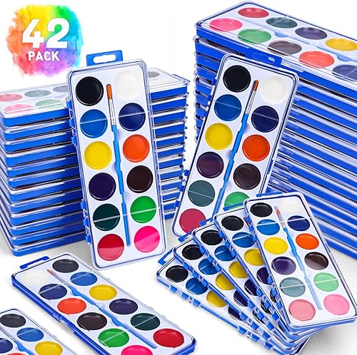 Miniatura 8 de Juego de 42 pinturas de acuarela para niños, 12 colores de acuarelas con pincel, juego de pintura de acuarela para niños para recuerdos de fiesta,