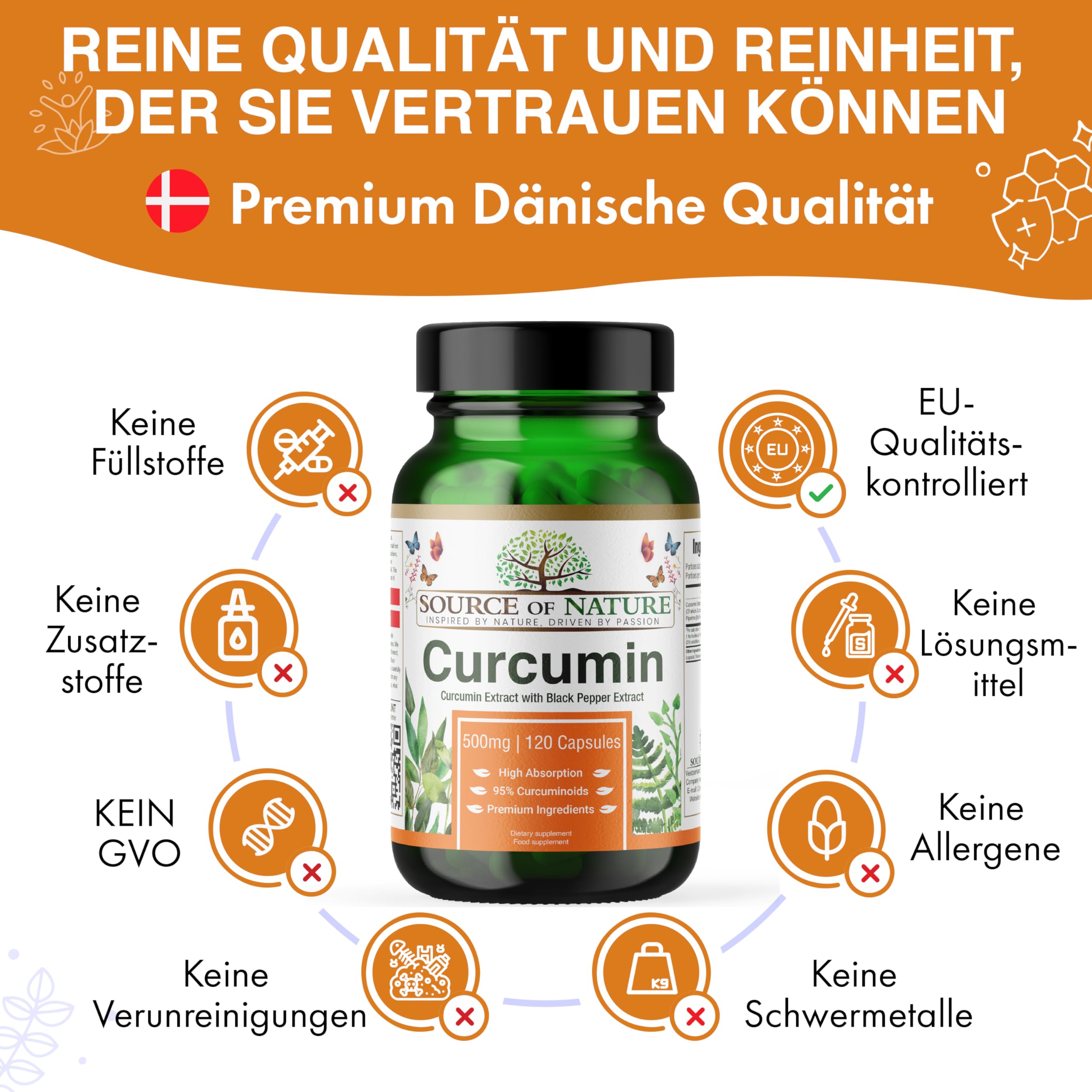 Source of Nature® | 500mg Kurkuma-Extrakt | 120 Kapseln | +95% Reine Curcuminoide | Hergestellt in der EU | Mit BioPerine® (Schwarzer Pfeffer-Extrakt) zur Absorption | Aus Kurkuma | Hochdosiert