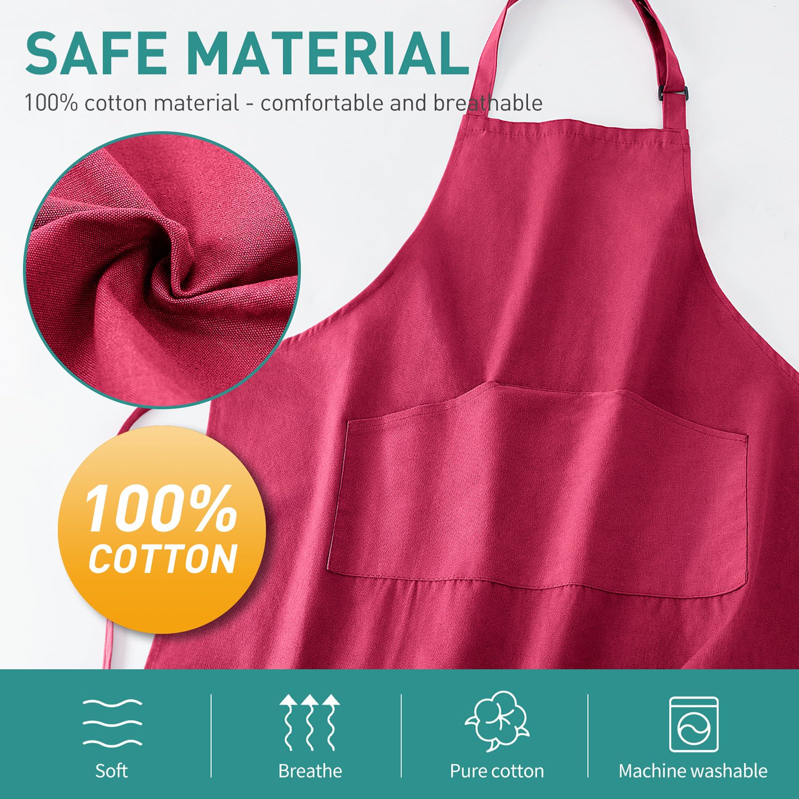 Viedouce 2 Packs Red Cotton Aprons, Adjustable Chef Aprons with Pockets for Adults One Size Fits All, 82x70 cm - Image 2