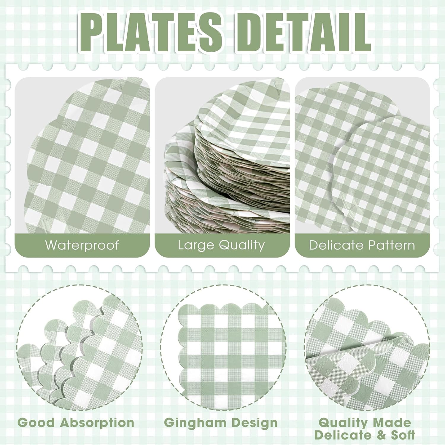 400 Pcs Gingham Party Supplies for 50 Guests Green and White Paper Plates and Napkins Knives Spoons Forks Cups Disposable Checkered Dinner Party Set Cutlery for Baby Shower Wedding Favor - Image 3
