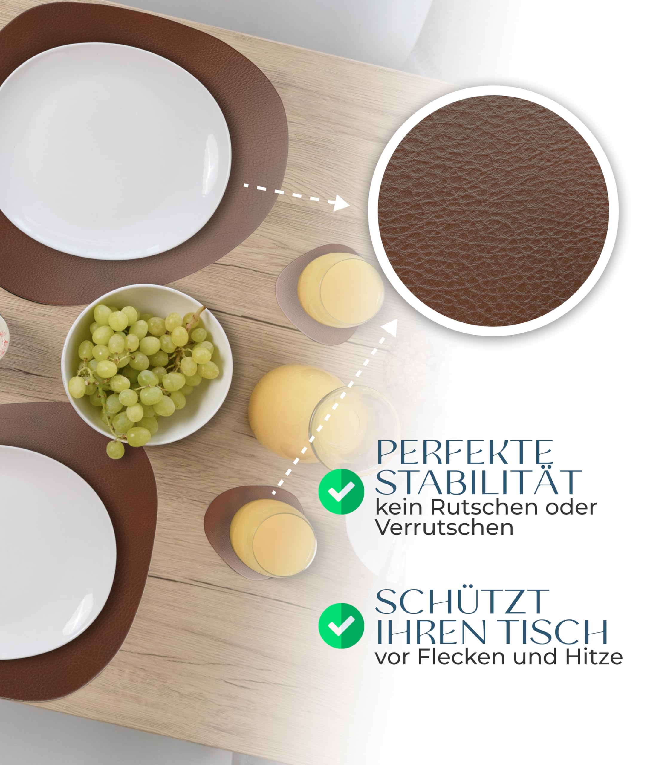 Juego de 4 Manteles Individuales y Posavasos de Piel Reciclada para Decoración Mesa, Estable y Antideslizante, Moderno, 39 x 35 cm, Sostenible, Fabricado en Alemania (Marrón)