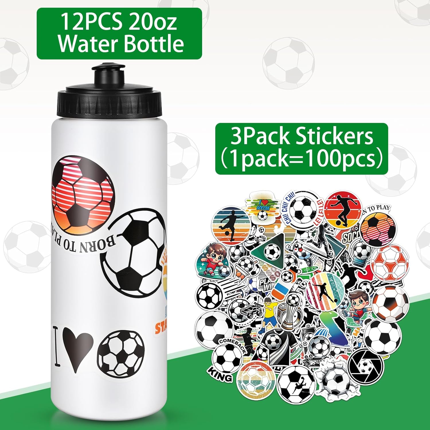 12 Pack Soccer Water Bottle Bulk with 300 PCS Stickers 20 oz Reusable BPA-Free Water Bottles for Boys Sports Squeeze Bottles Soccer Party Favors Gifts For Team - Image 2