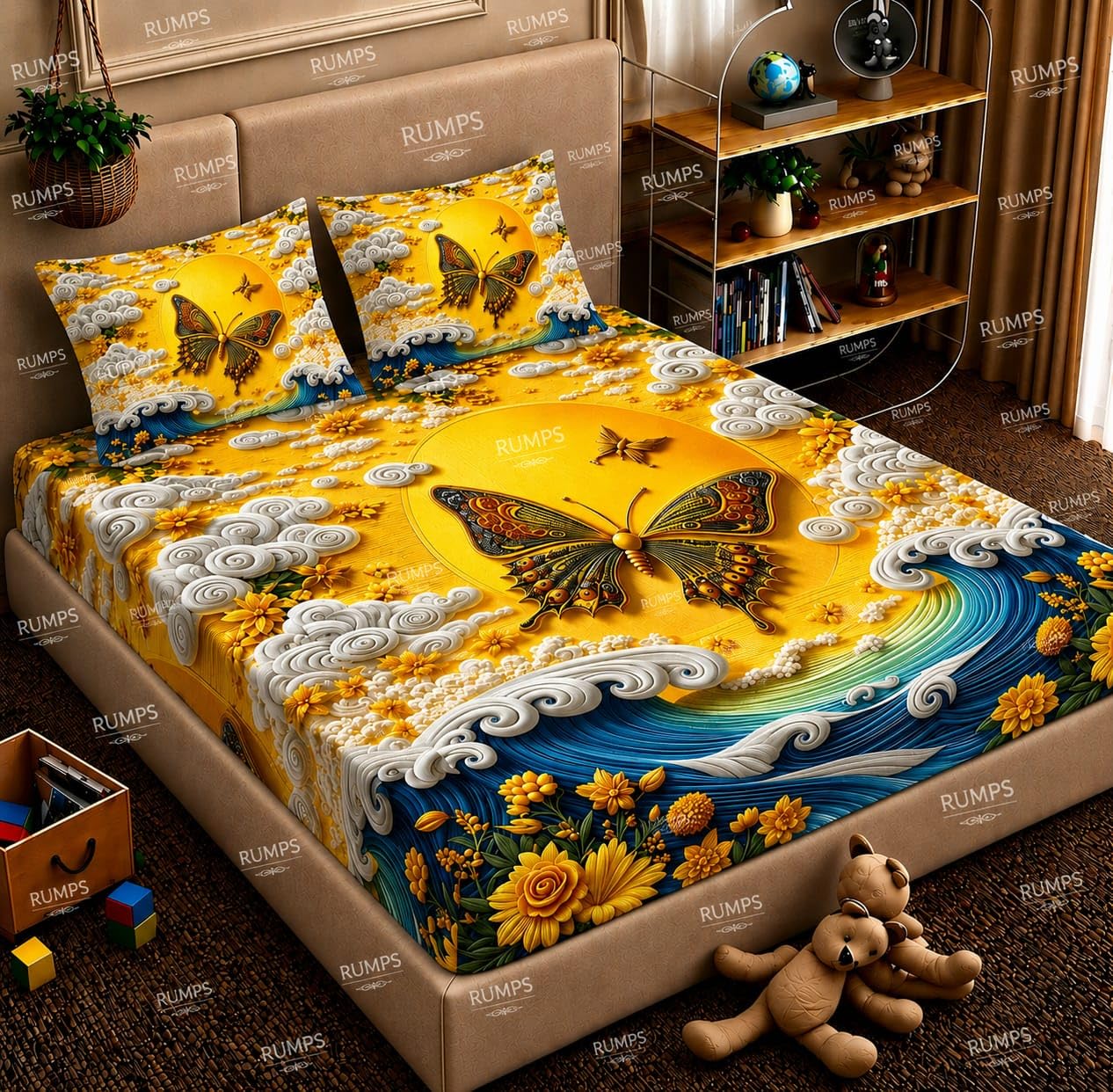 RUMPS 7D HD Digital Printed Butterfly King Size Bedsheet with 2 Pillow Covers | Yellow Floral Ocean Theme Bedding Set 90x100 Inch