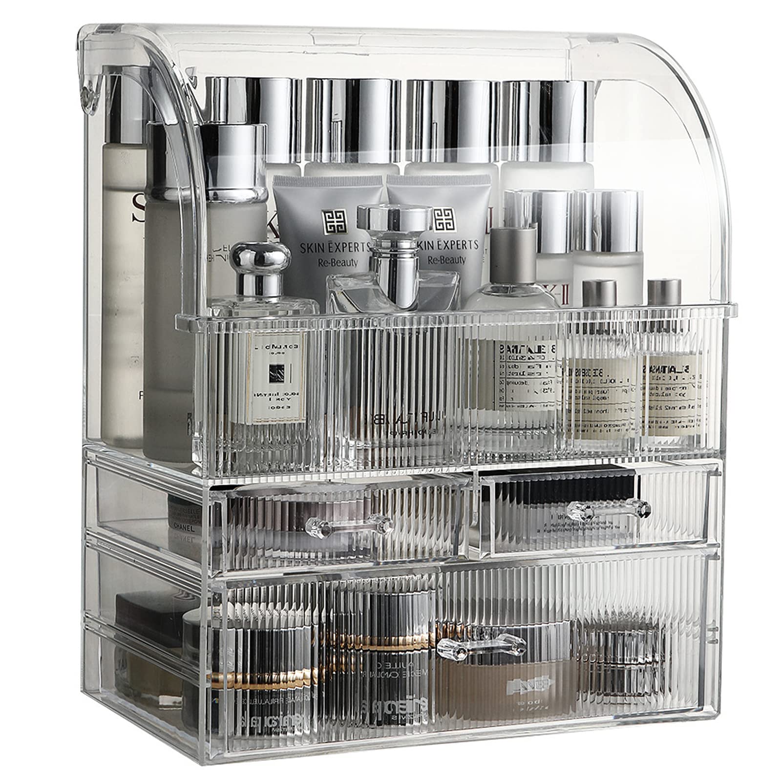 U-HOOME Makeup Organizer,Cosmetic Storage Display Case with Drawer and Dustproof Cover,Vanity Organizer Fits,Makeup Brushes, Lipsticks For Vanity, Bedroom, and Bathroom Skincare Organizer (Clear)