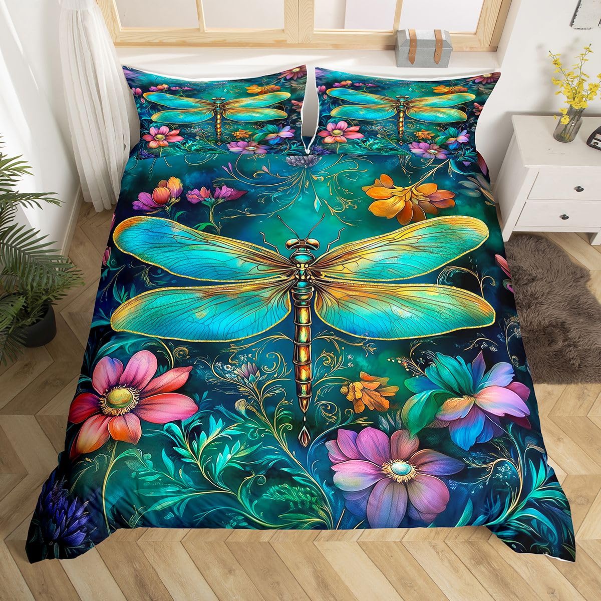 Homewish Ozdobna ważka nadruk super king pościel 3D olej kwiat nadruk poszewka na kołdrę zestaw złote ważki wzór poszewka na kołdrę dla dzieci chłopców dziewcząt, boho kolorowe botaniczne kwiaty