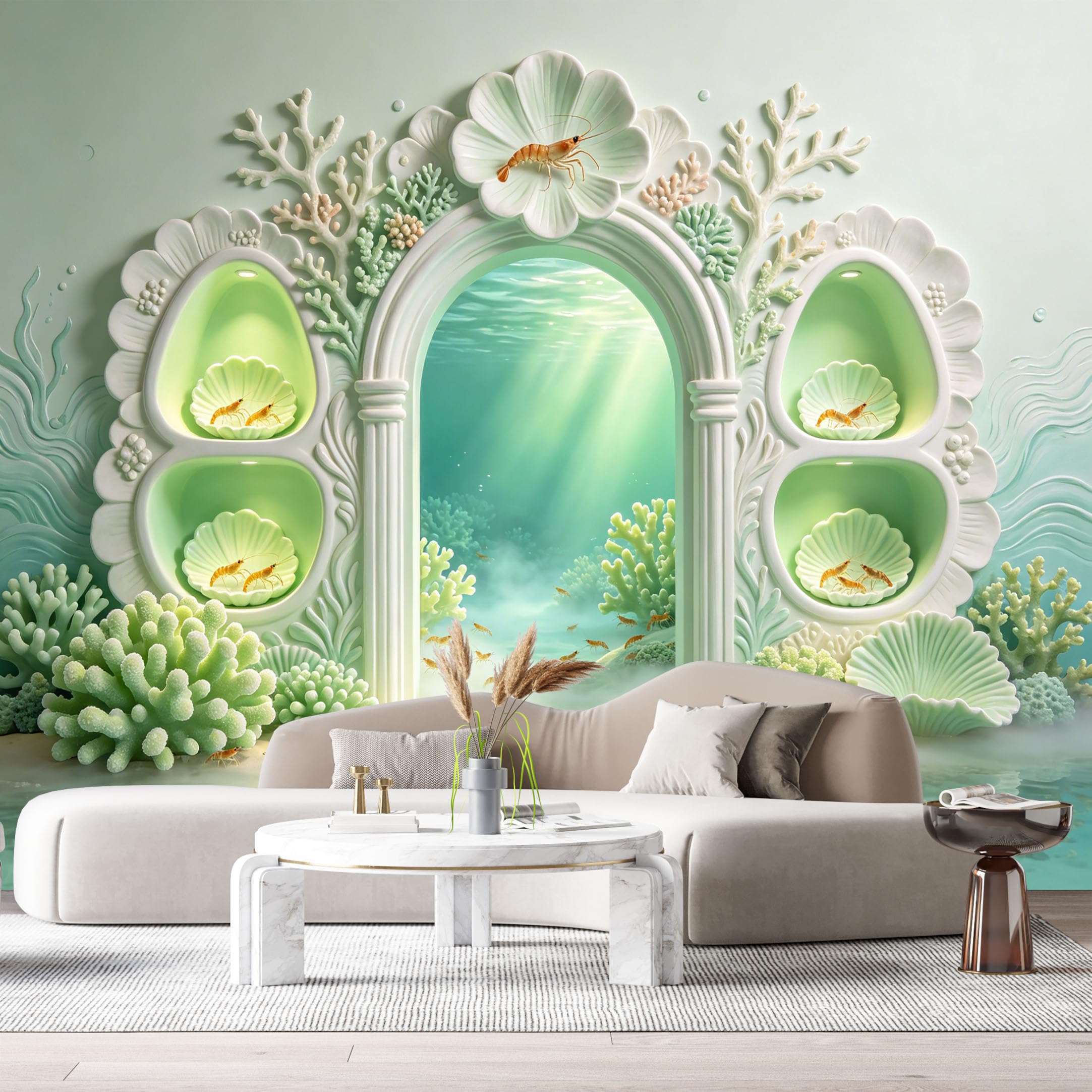 Custom Size Wall Murals Ocean Marine Coral Shrimp Porcelain 3D Trompe L'Oeil SelfAdhesiveWall Fabric Removable Wallpaper Wall Decor for Living Room Bedroom Bathroom