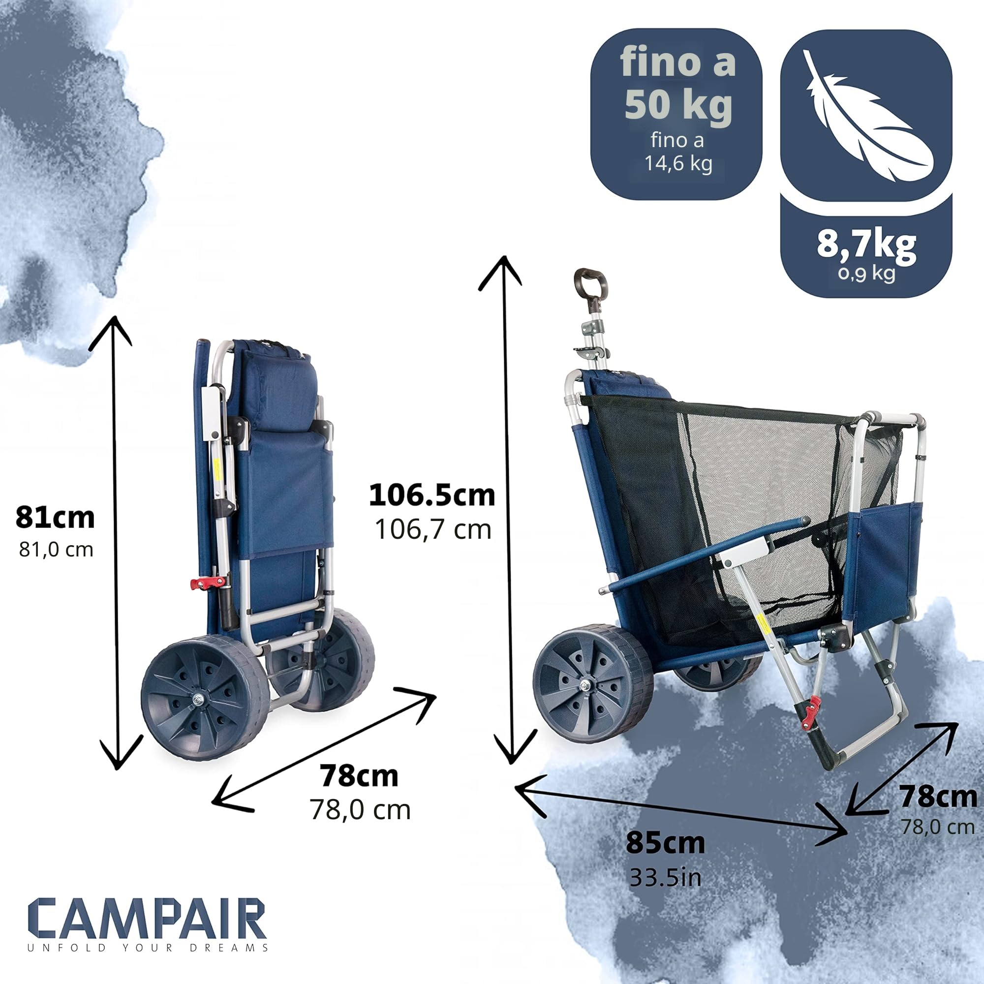 CampAir 2-in-1 Lettino da spiaggia con ruote o carrello pieghevole, blu