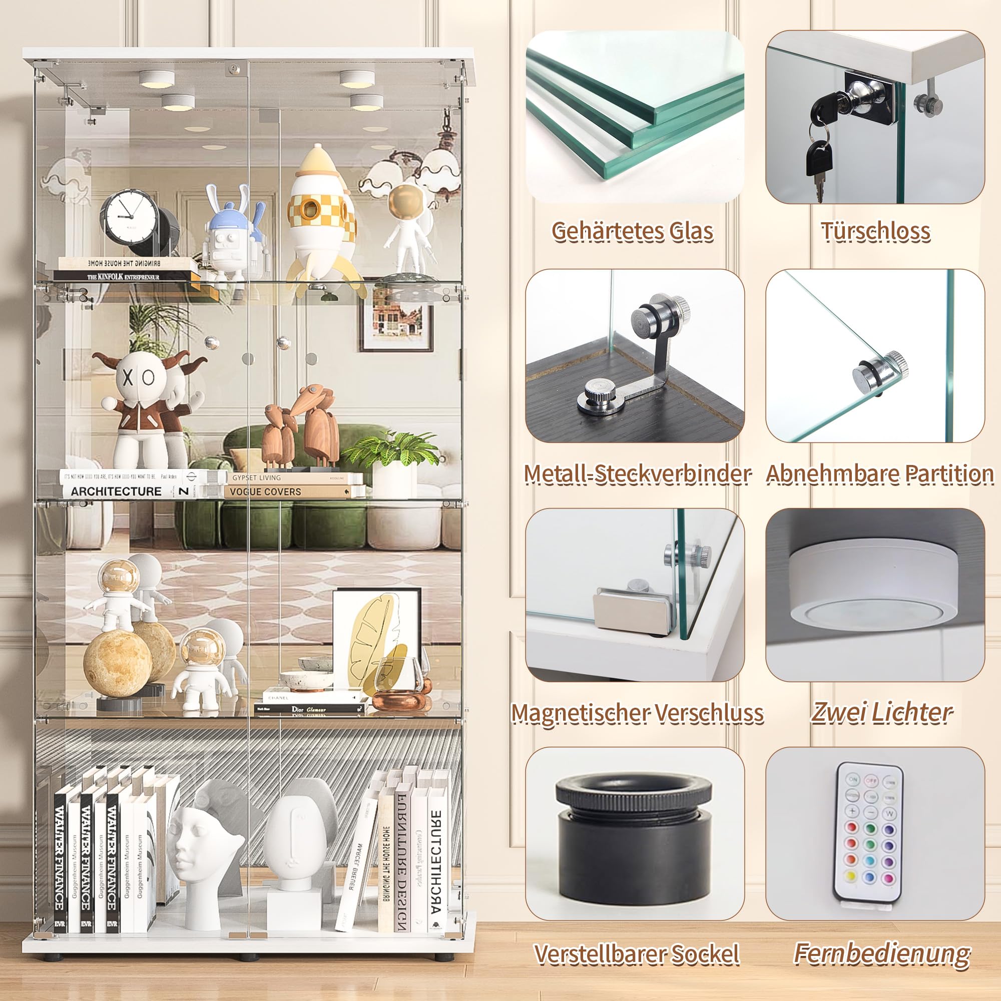 Vetrina in vetro con LED, armadio vetrina da collezione, 2 ante a serratura, 4 ripiani e fondo specchio, 164 x 80,5 x 36,5 cm, bianco
