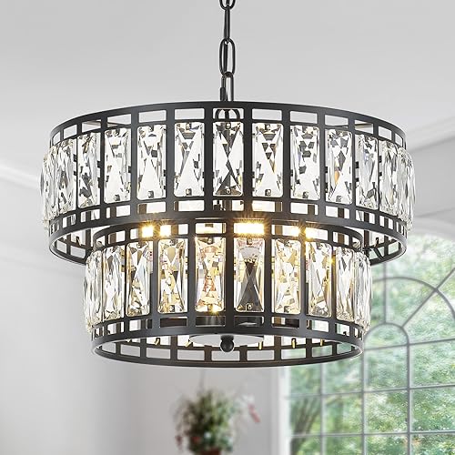 Dining Room Chandeliers K9 Crystal Black Metal Chandelier Modern 2-Tier Drum Farmhouse 16in Contemporary Round Light Fixture for Bedroom Entryway Kitchen Island Living Room