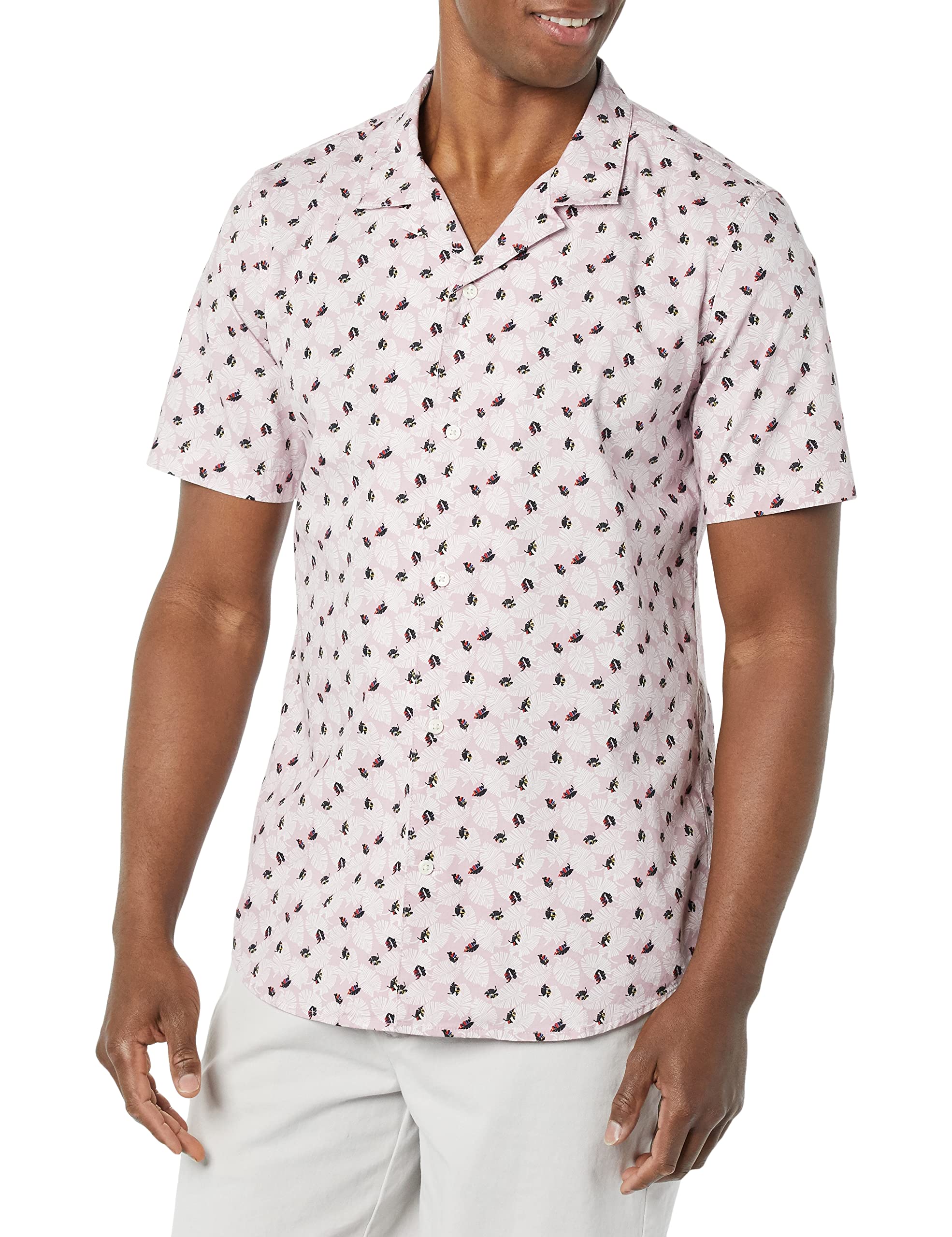 Amazon Essentials Men's Vacation Cotton Button-Down Resort Shirt, Short Sleeve, Lavender Palm Leaf Print, S