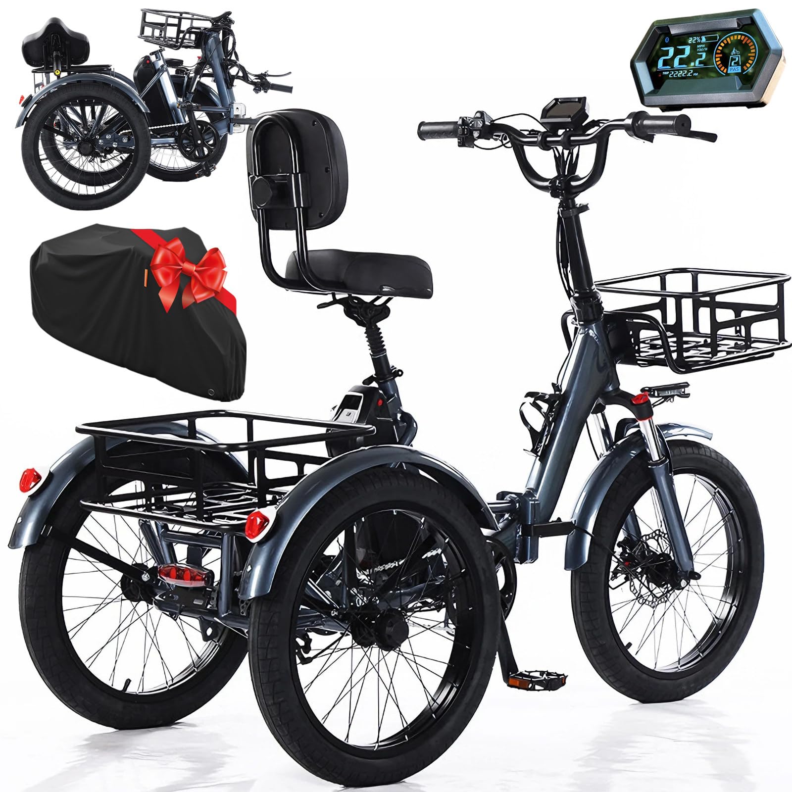 Triciclo Elettrico per Adulti 20 Pollici, Pieghevole, Telaio in Lega di Alluminio, Freni a Disco Doppi, Display LCD + Copertura Antipolvere in Tessuto 600D per Ciclismo All'Aperto Grey
