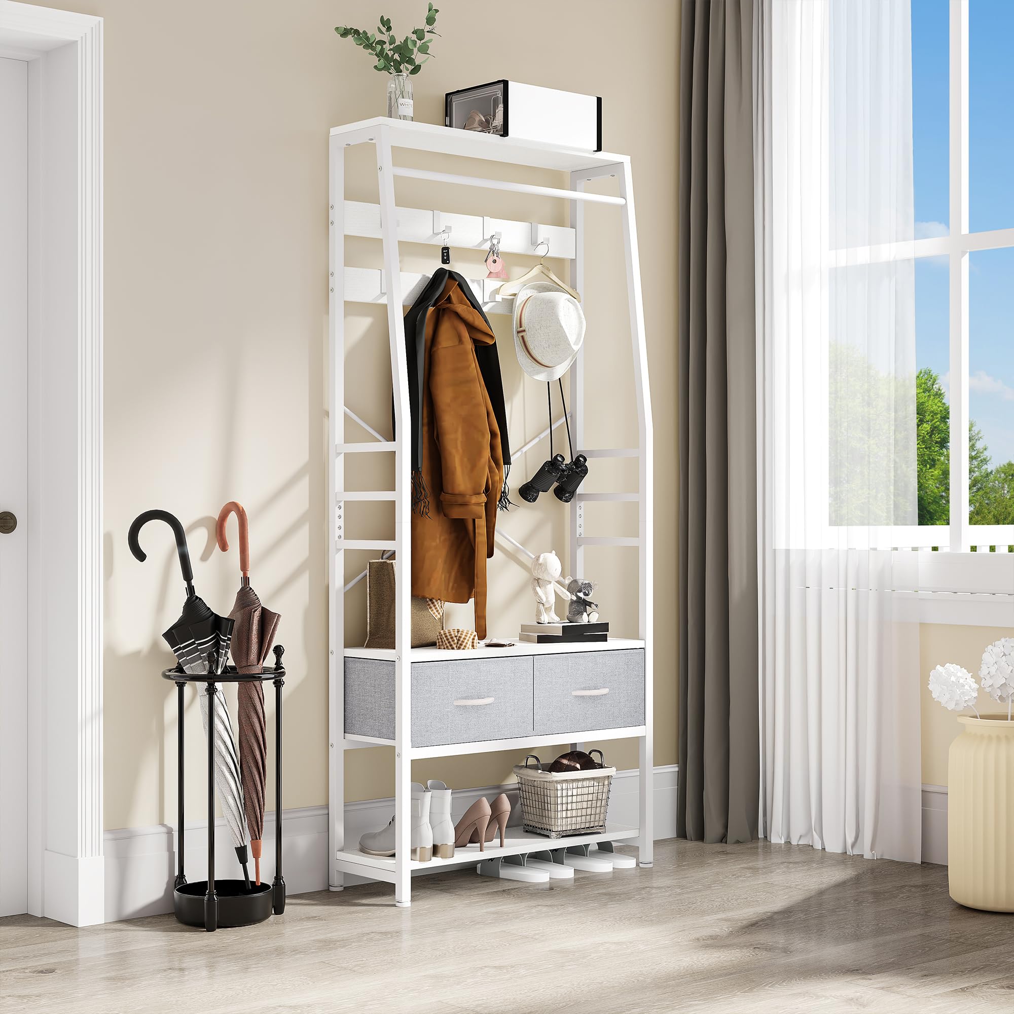 Yitahome White Coat Rack, 6-In-1 Hall Tree With 2 Drawers Floorstanding Coat Stand With Shoe Storage Wood And Matel Clothes Rail With 8 Hooks, For Hallway Living Room Entryway Bedroom,