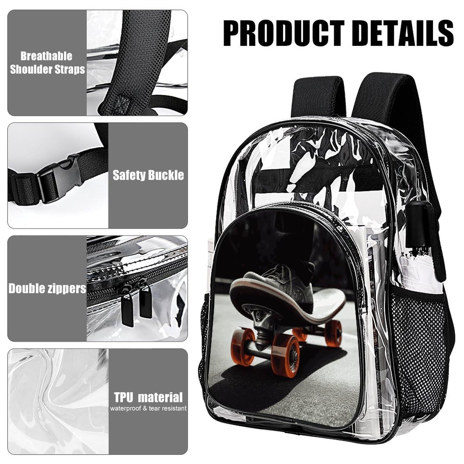 Zaino trasparente con ruote da skateboard, grande, in PVC, trasparente, per sicurezza, lavoro, viaggi, stadio