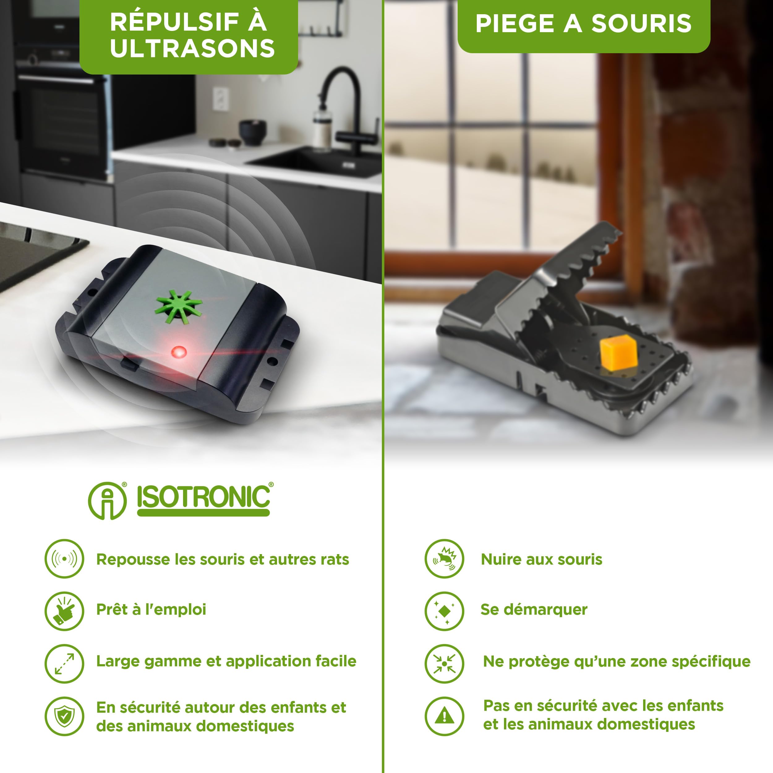ISOTRONIC Répulsif ultrasons Souris et Rats Anti-nuisibles 40 m² 3 unités Intérieur Extérieur