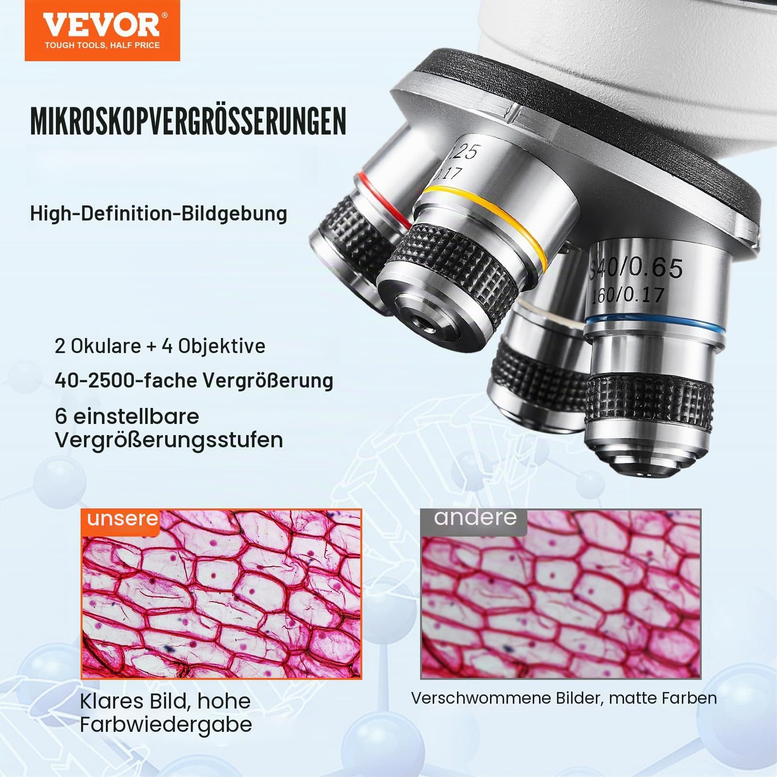 VEVOR Binokulares Mikroskop 10X, 25X, Compound Mikroskop, Objektive 4X, 10X, 40X, 100X, Labor Auflicht Binokulares Mikroskop Vergrößerung 40-2500, 100–240 V Labormikroskop Verbundmikroskop