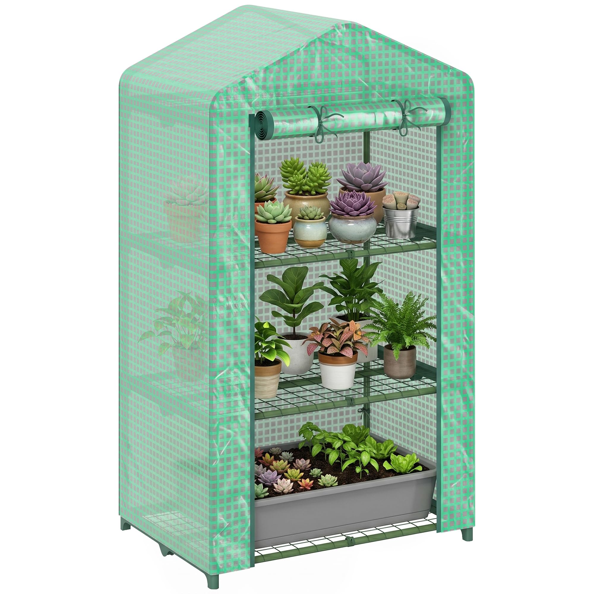 Outsunny Invernadero de Jardín de 3 Niveles, Invernadero de Exterior con 3 Estantes, Puerta Enrollable, Marco de Metal, Cubierta de PE, Anti-UV, Impermeable, para Terraza, Patio, 69x49x125 cm, Verde