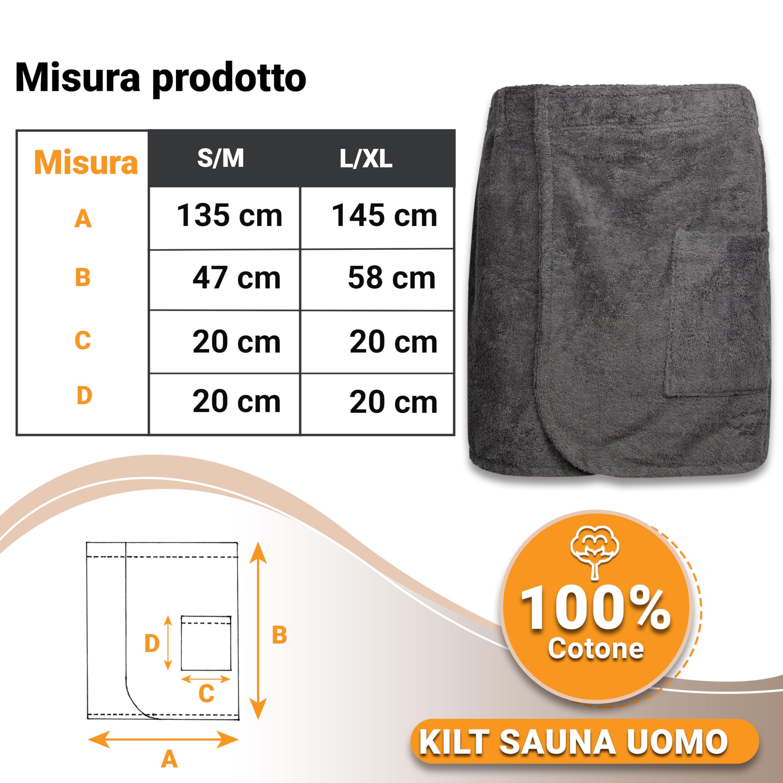 ZOLLNER Kilt da sauna da uomo- grigio - misura L/XL - sensibile sulla pelle e assorbente - cotone - con elastico e chiusura a strappo - lavabile a 60°C - Certificato OEKO TEX (R)