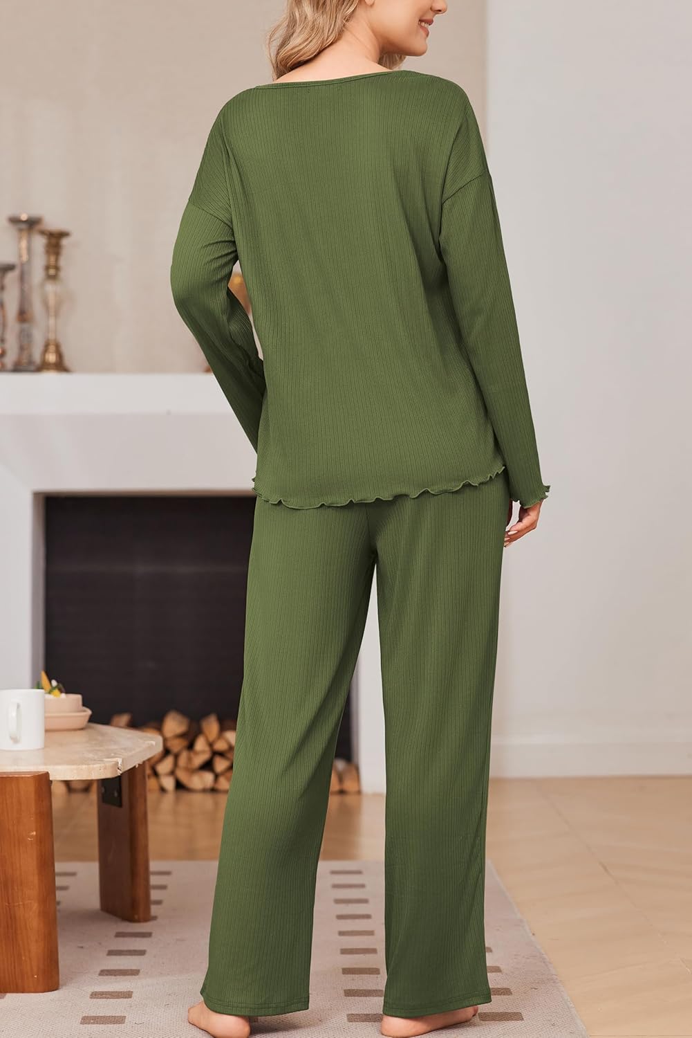 Ekouaer Womens Pajama Set Ribbed Knit PJs 2 Piece Lounge Set Long Sleeve Top and Pants Comfy Sleepwear with Pockets - Image 5